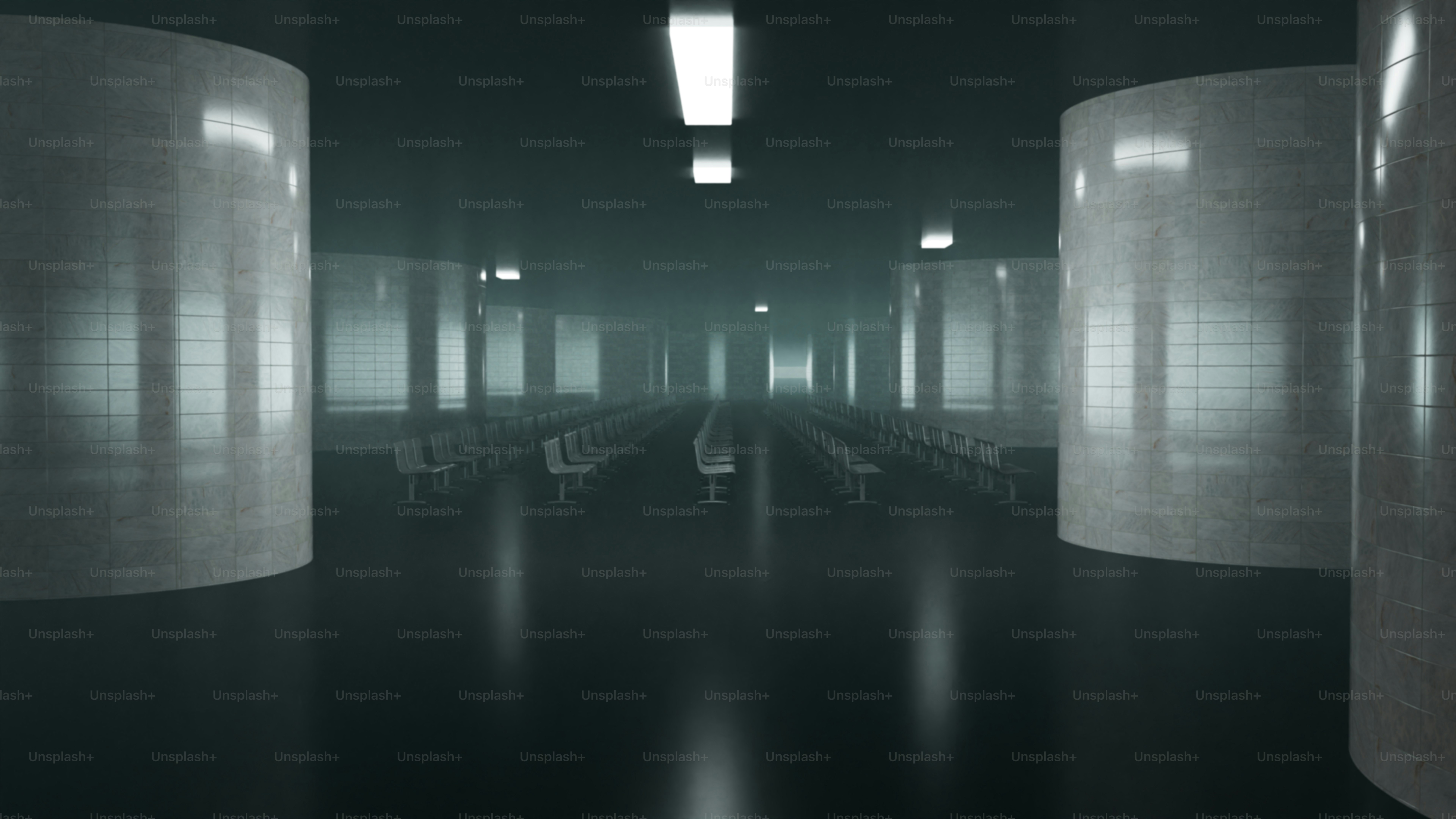 Empty liminal hall with rows of seating and pillars