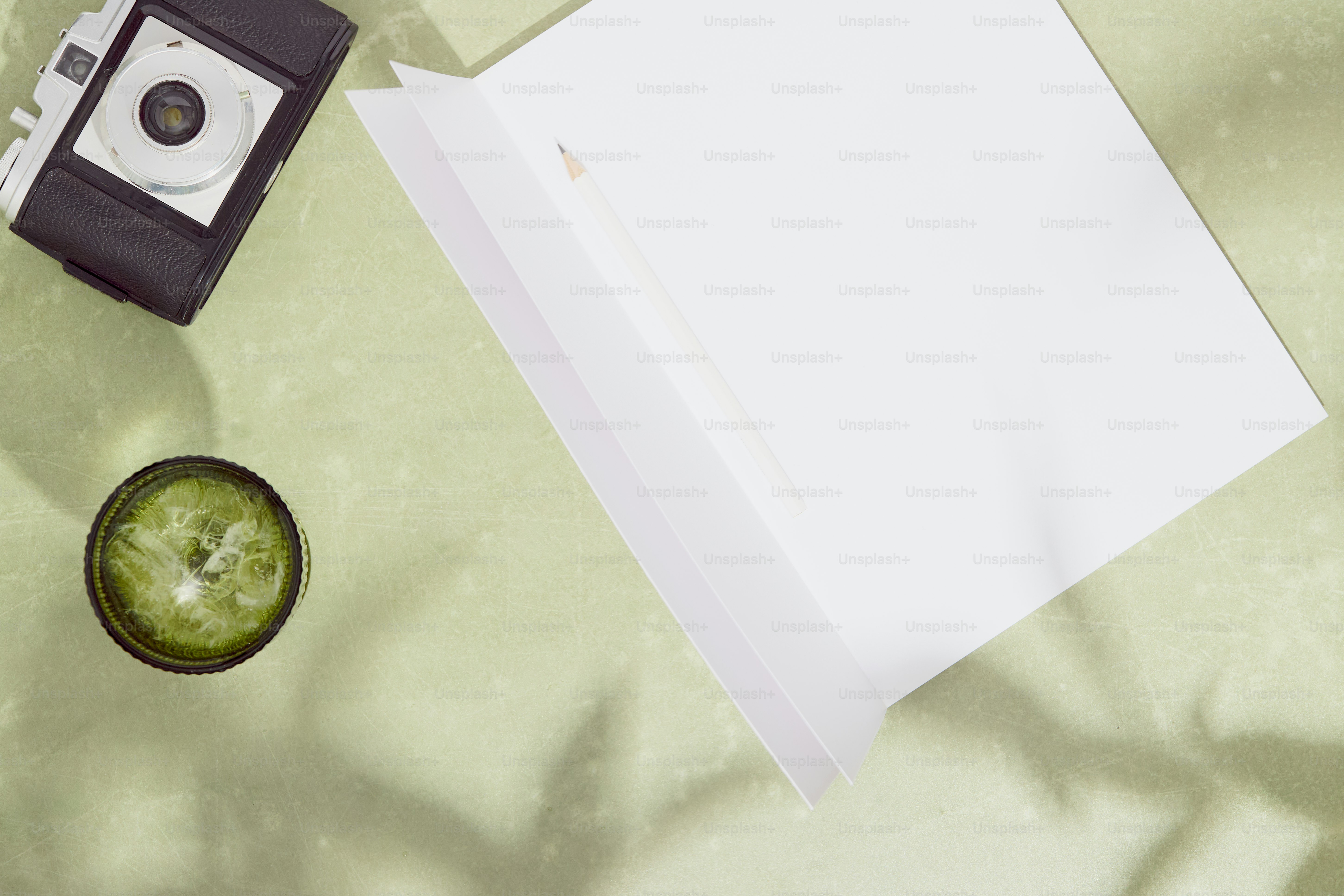 Camera, green drink, blank notebook on sunlit green surface