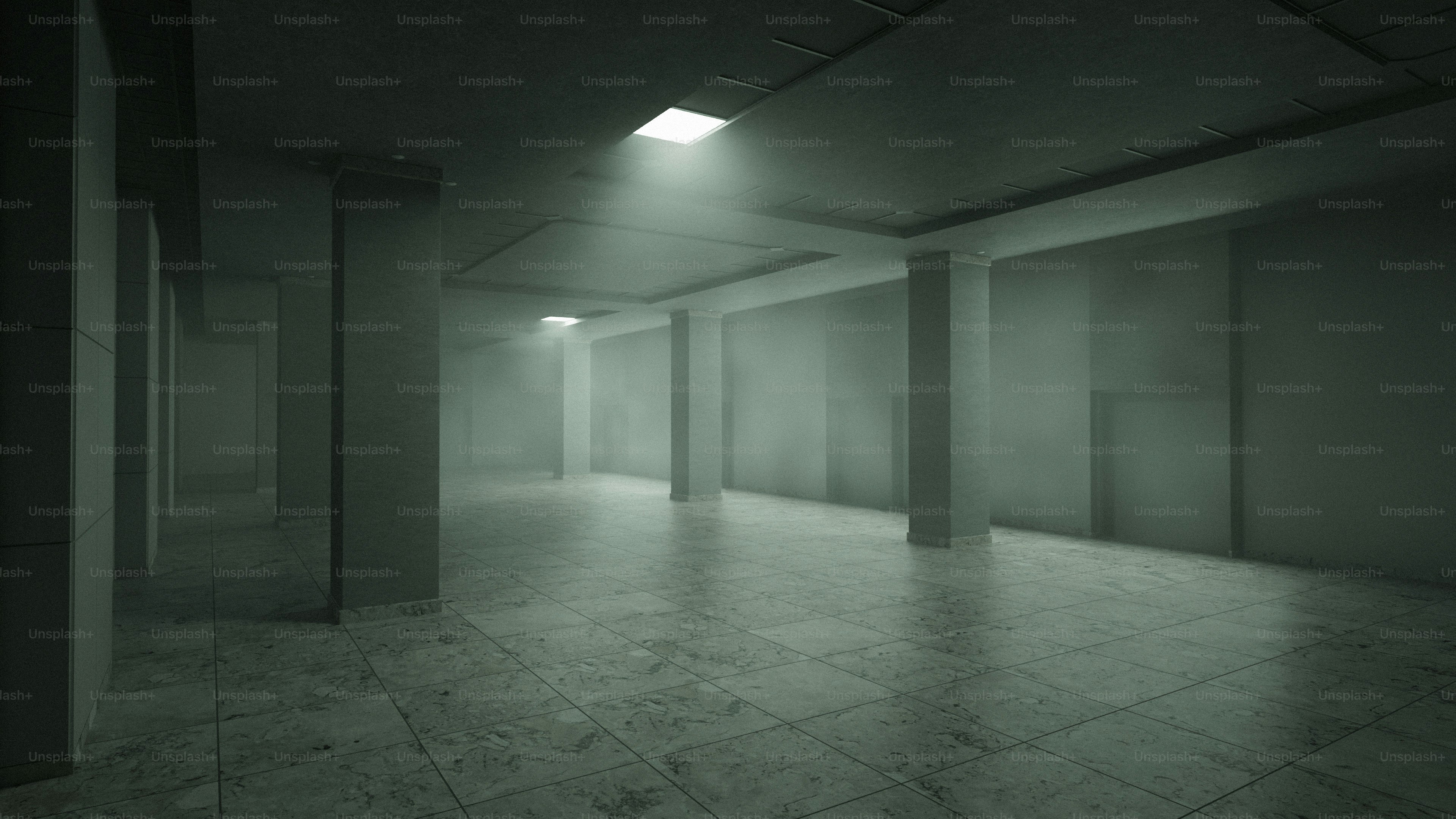 Corridoio vuoto in cemento debolmente illuminato con luci quadrate sul soffitto.
