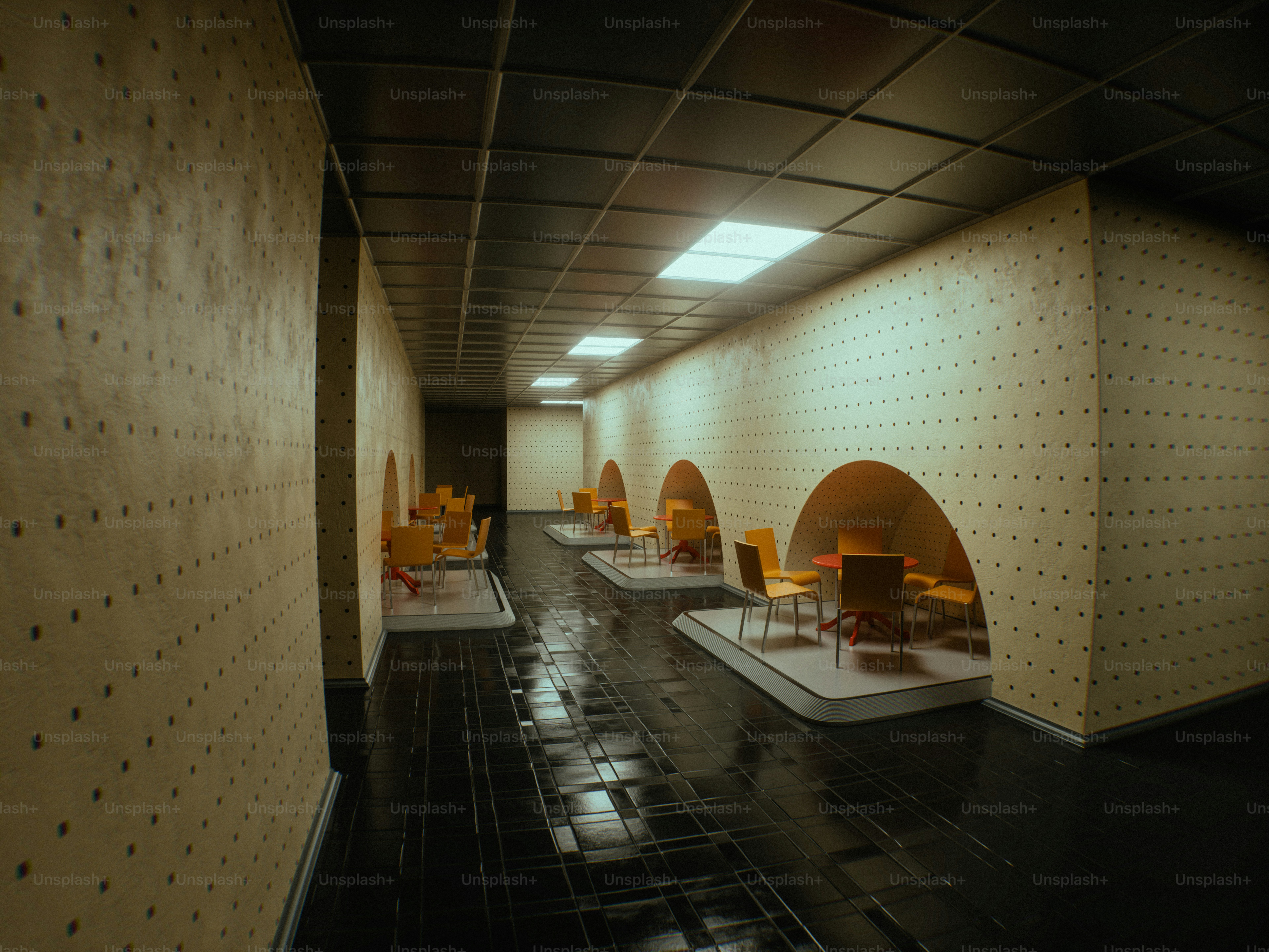 Hallway with patterned walls and arched seating