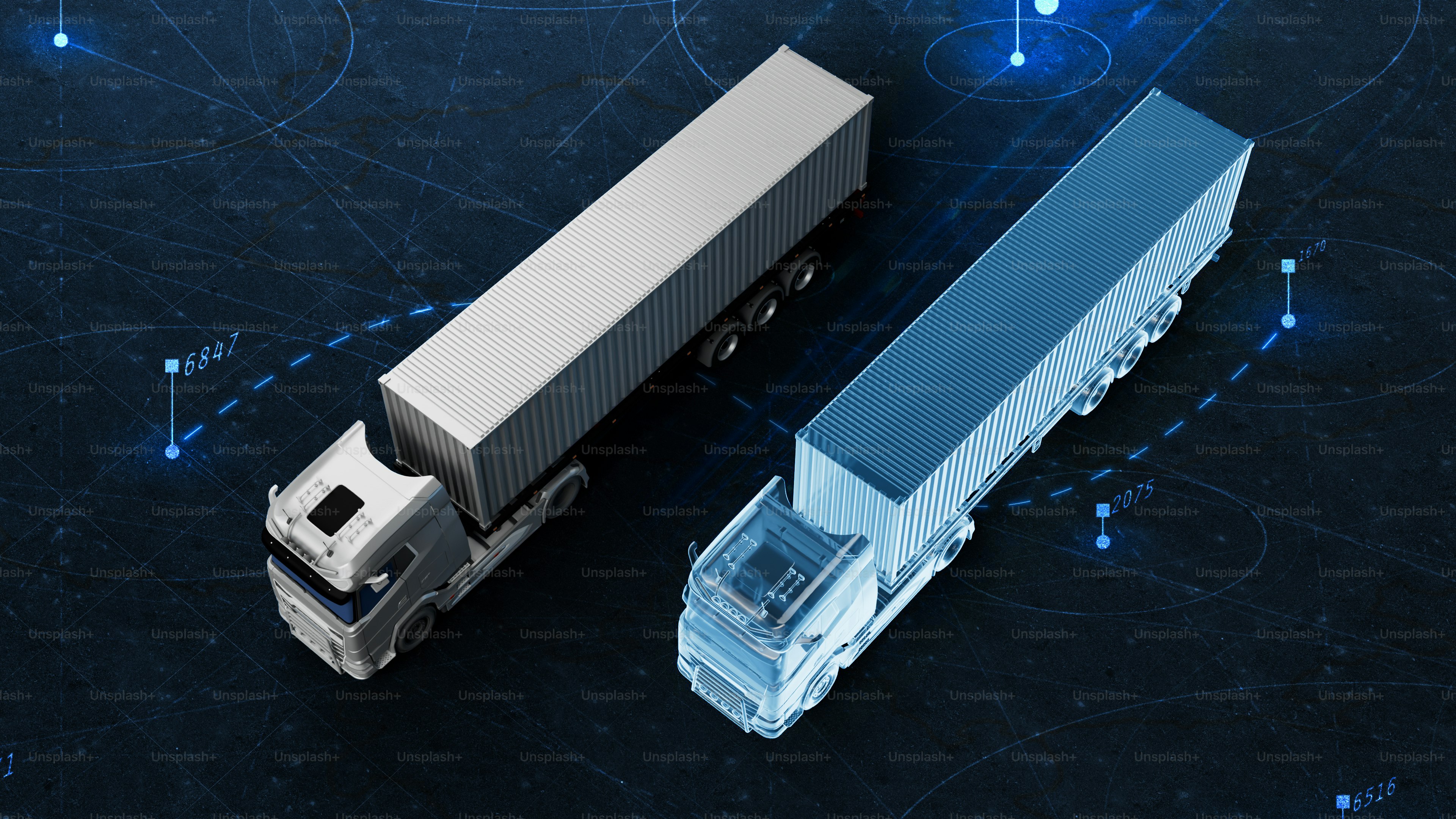 Semisemi-camion digitali che rappresentano la tecnologia delle repliche virtuali