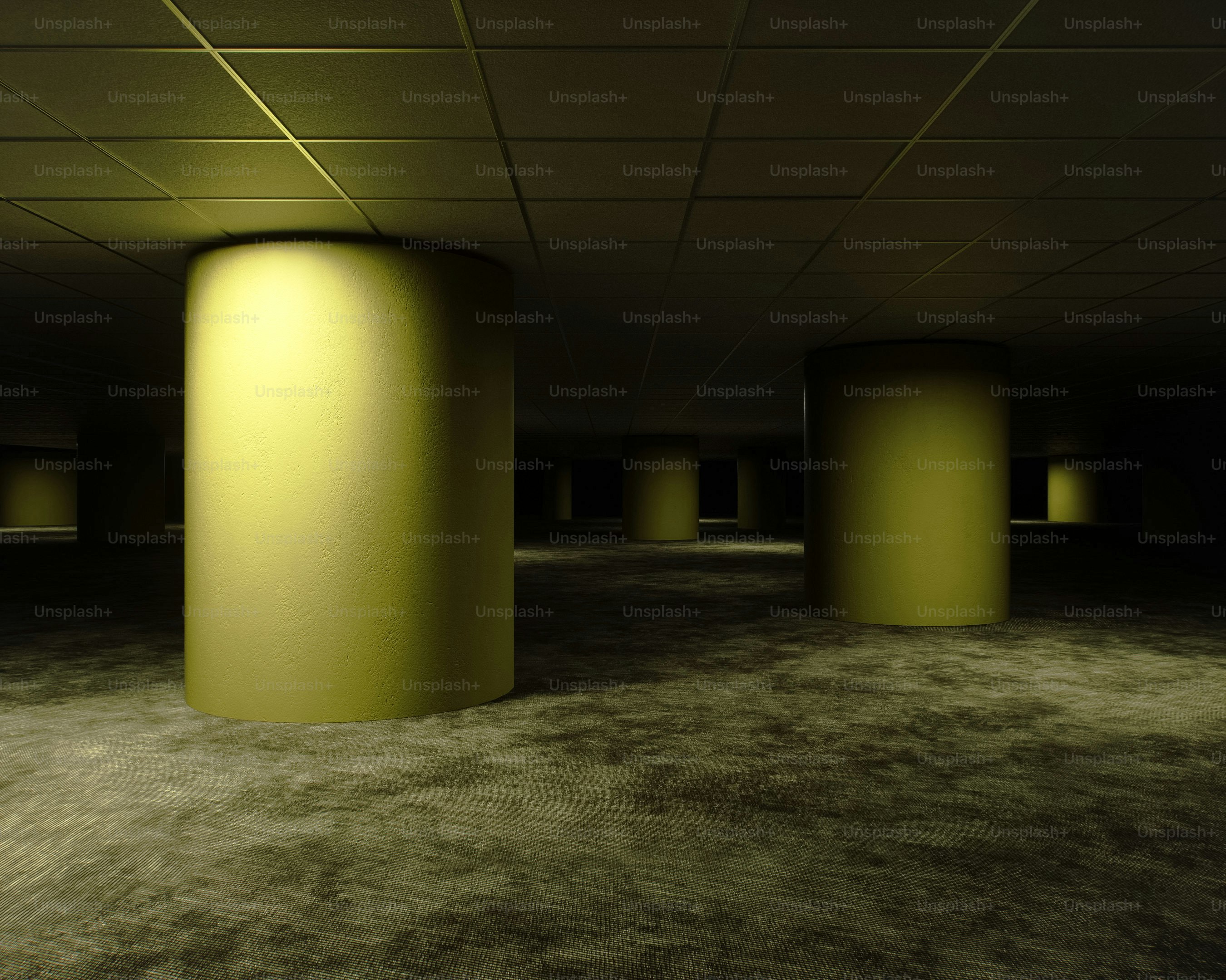 Liminal space with yellow pillars and textured floor