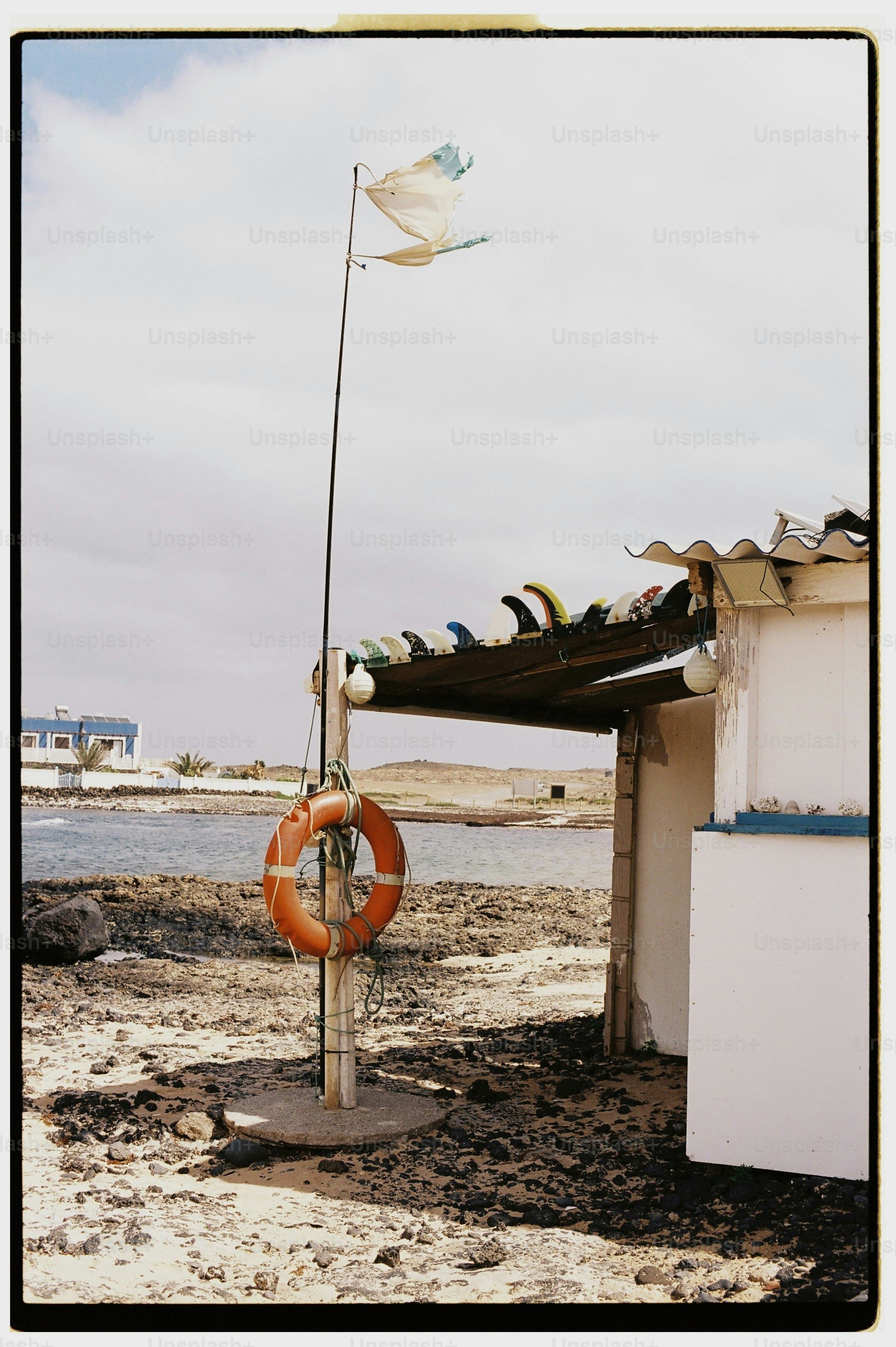 Beach shack with lifebuoy and surfboards by the ocean