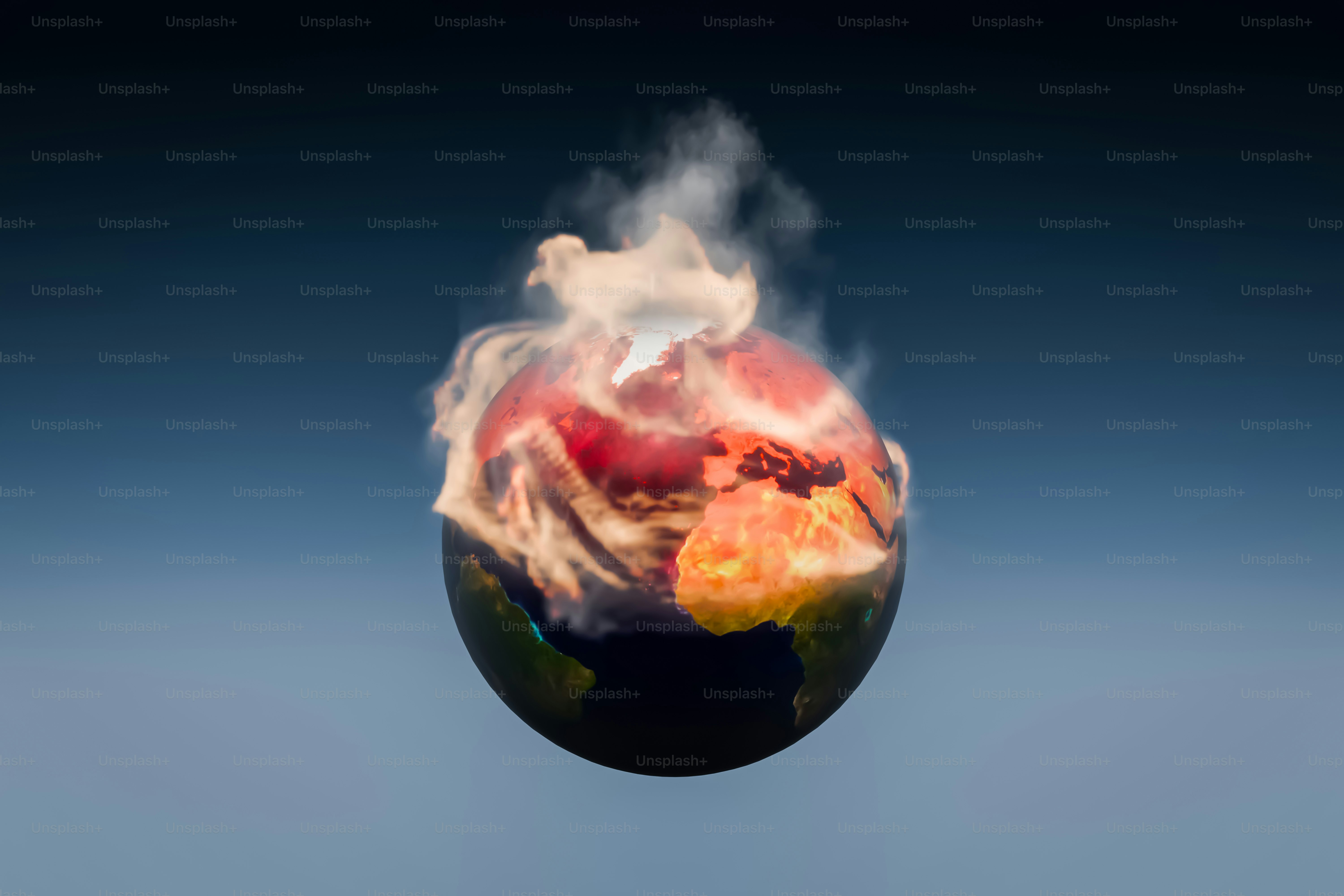 Smoking, burning earth globe symbolizing global warming
