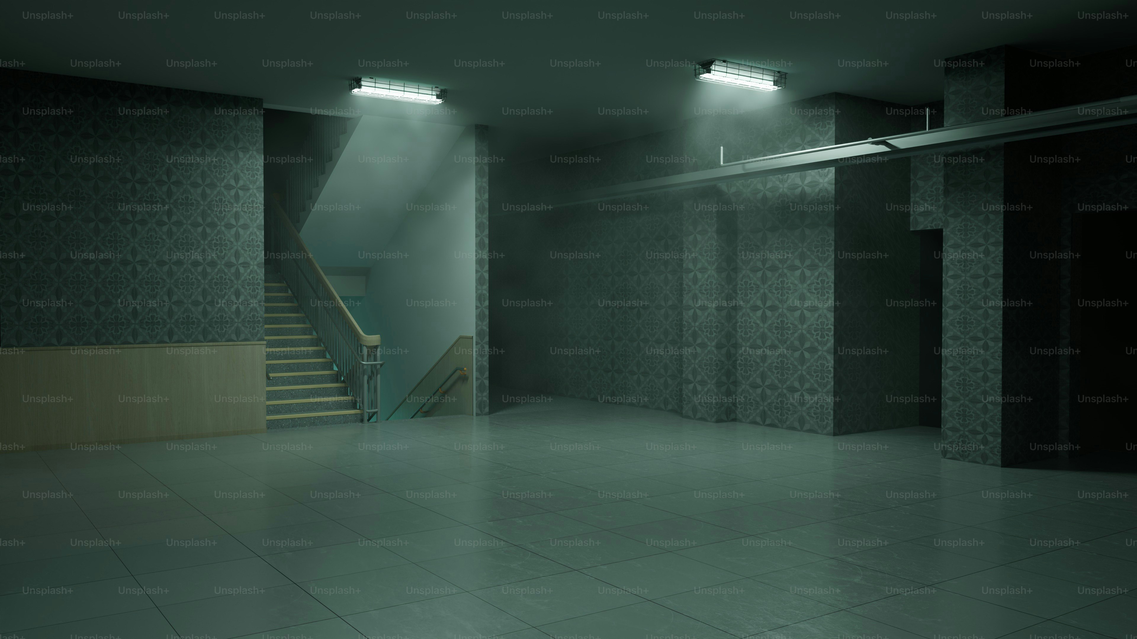 Empty liminal space with stairs and fluorescent lighting