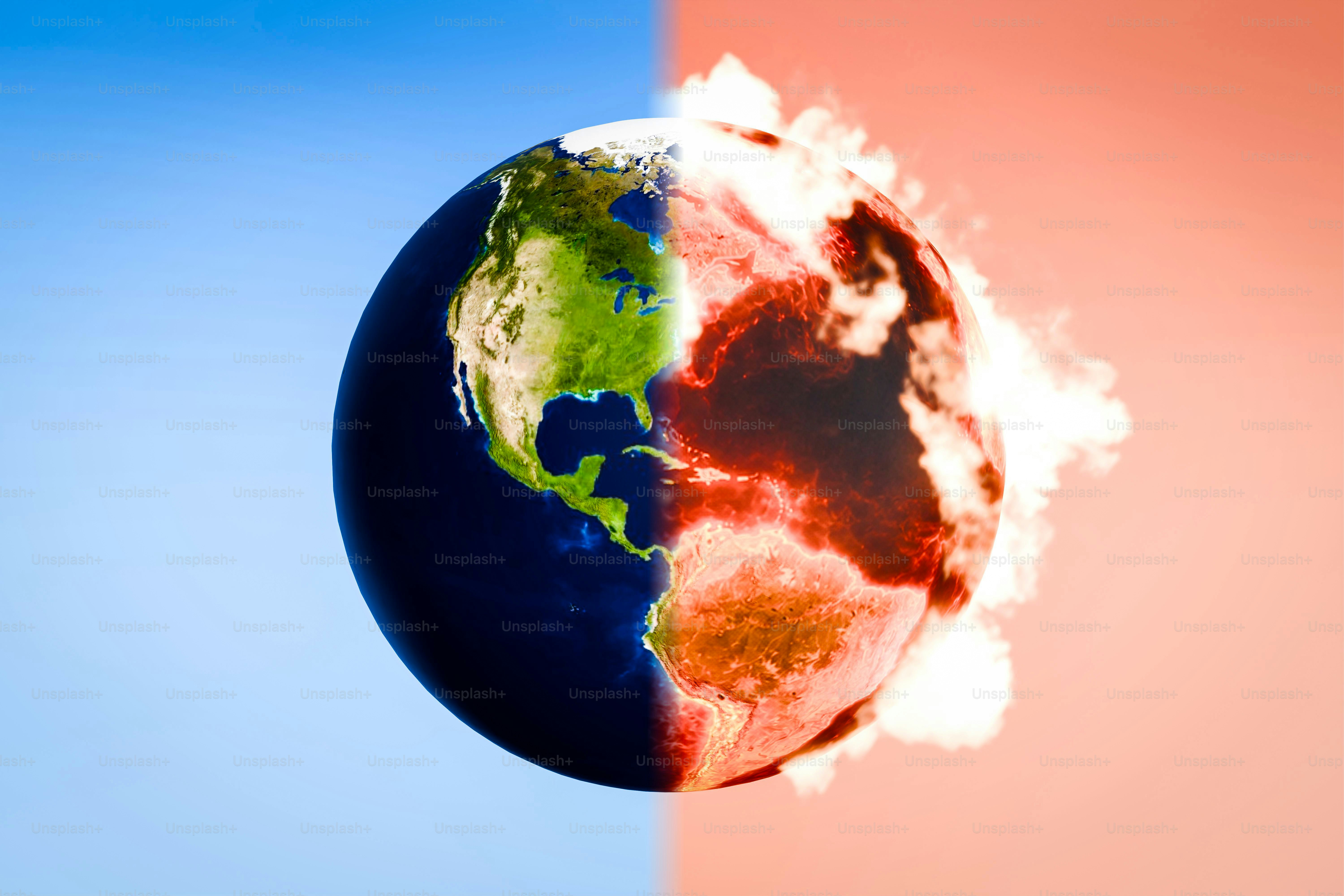 Earth globe split, one side healthy, other scorched