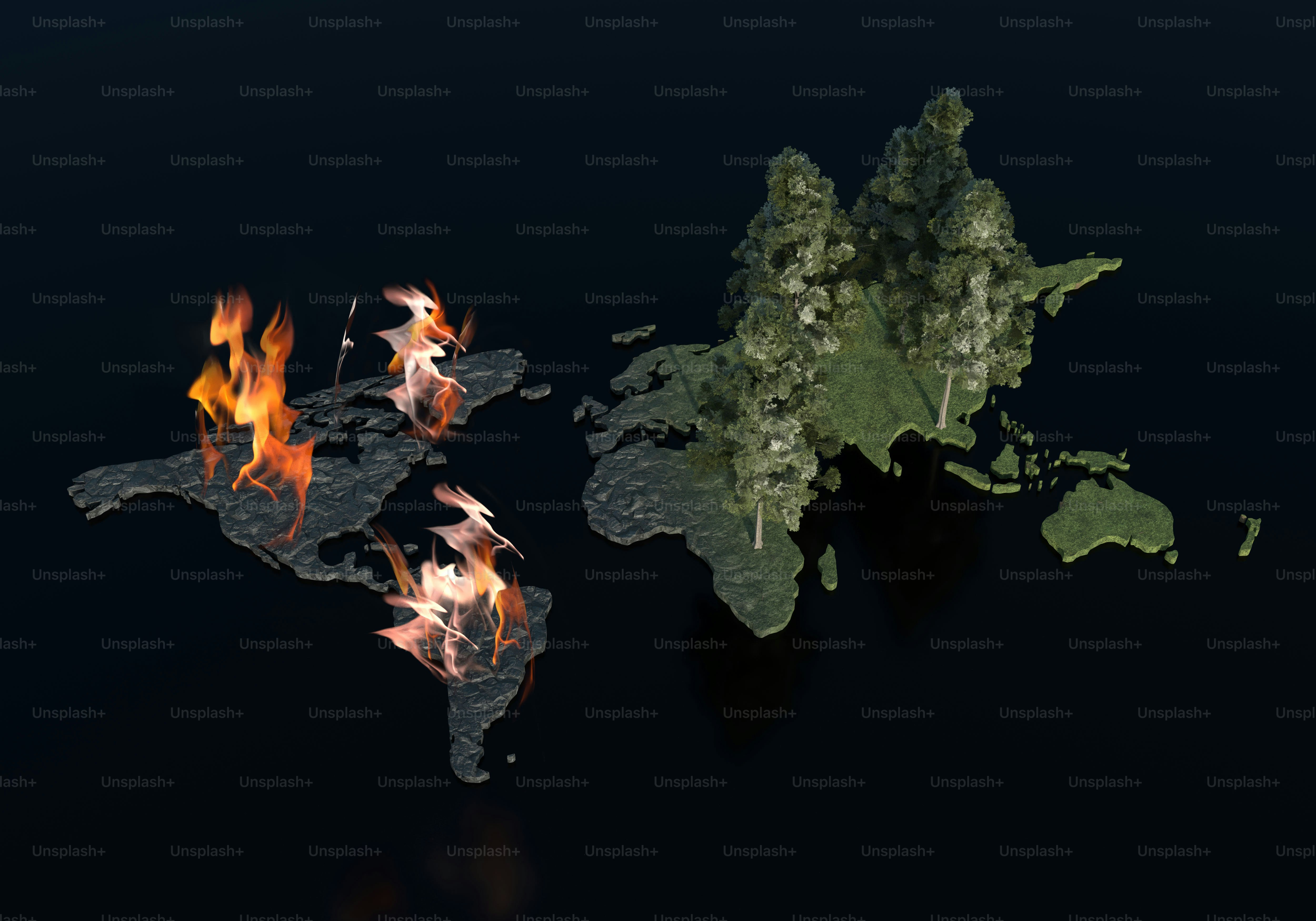 Burning americas contrast lush green continents