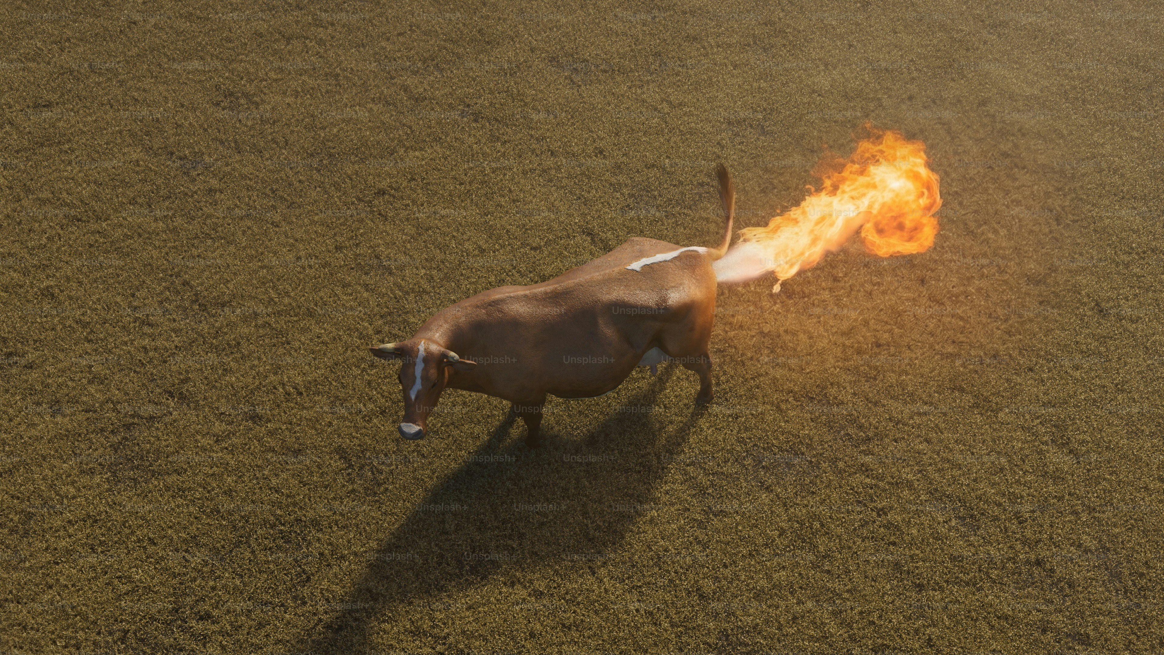 Toro che sputa fuoco su un campo erboso