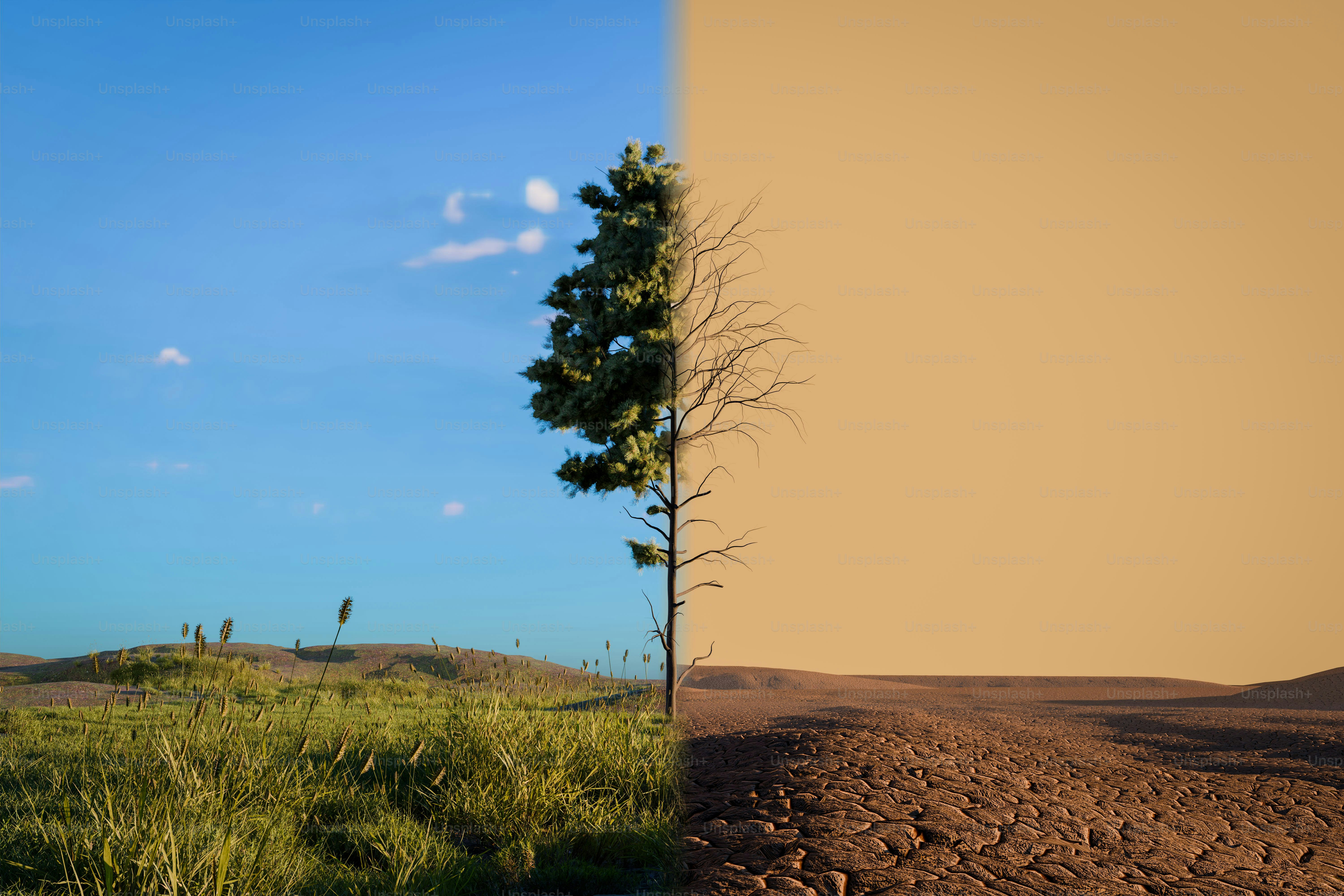 Healthy green landscape contrasted with dry desert