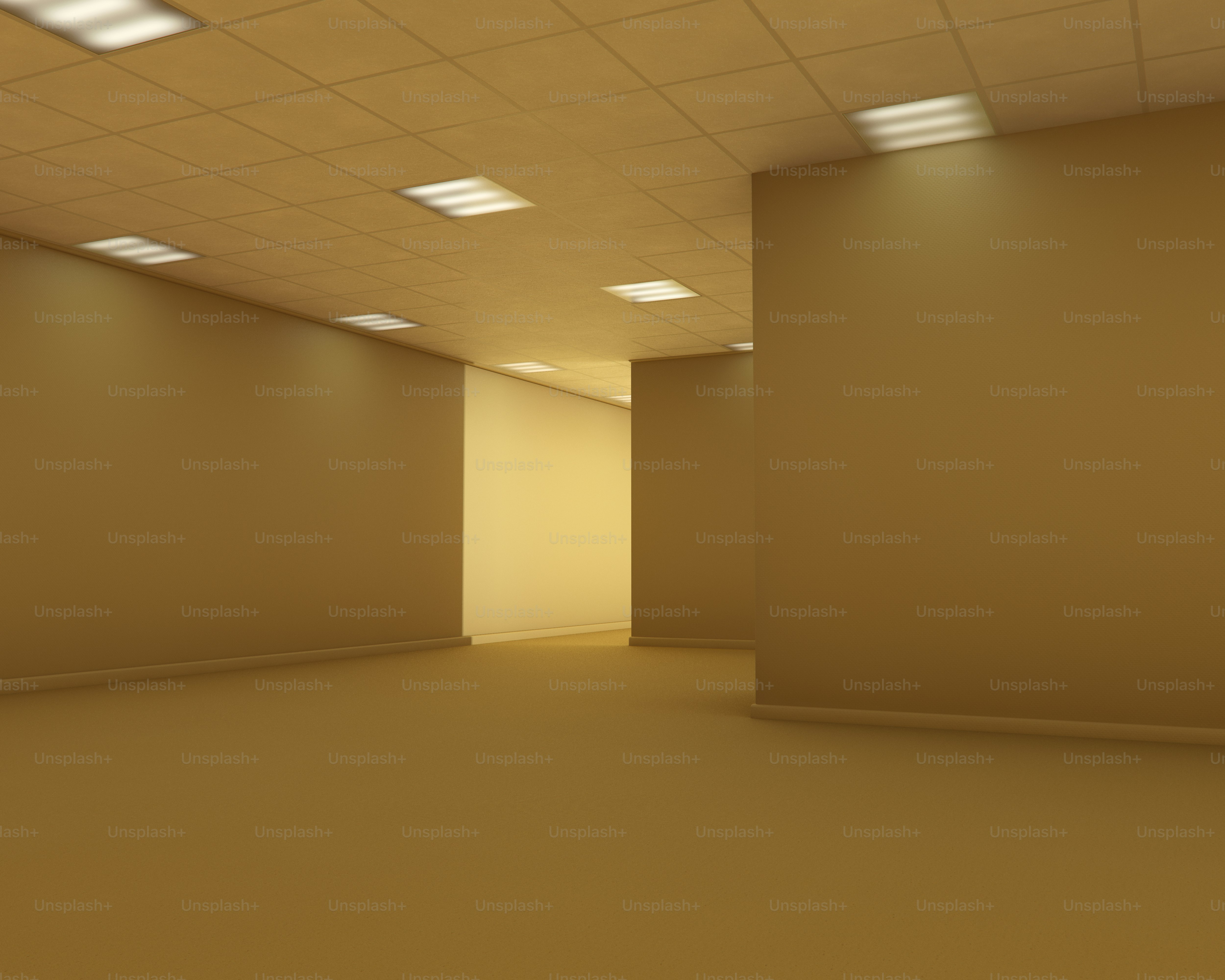 Empty beige liminal space with fluorescent lights