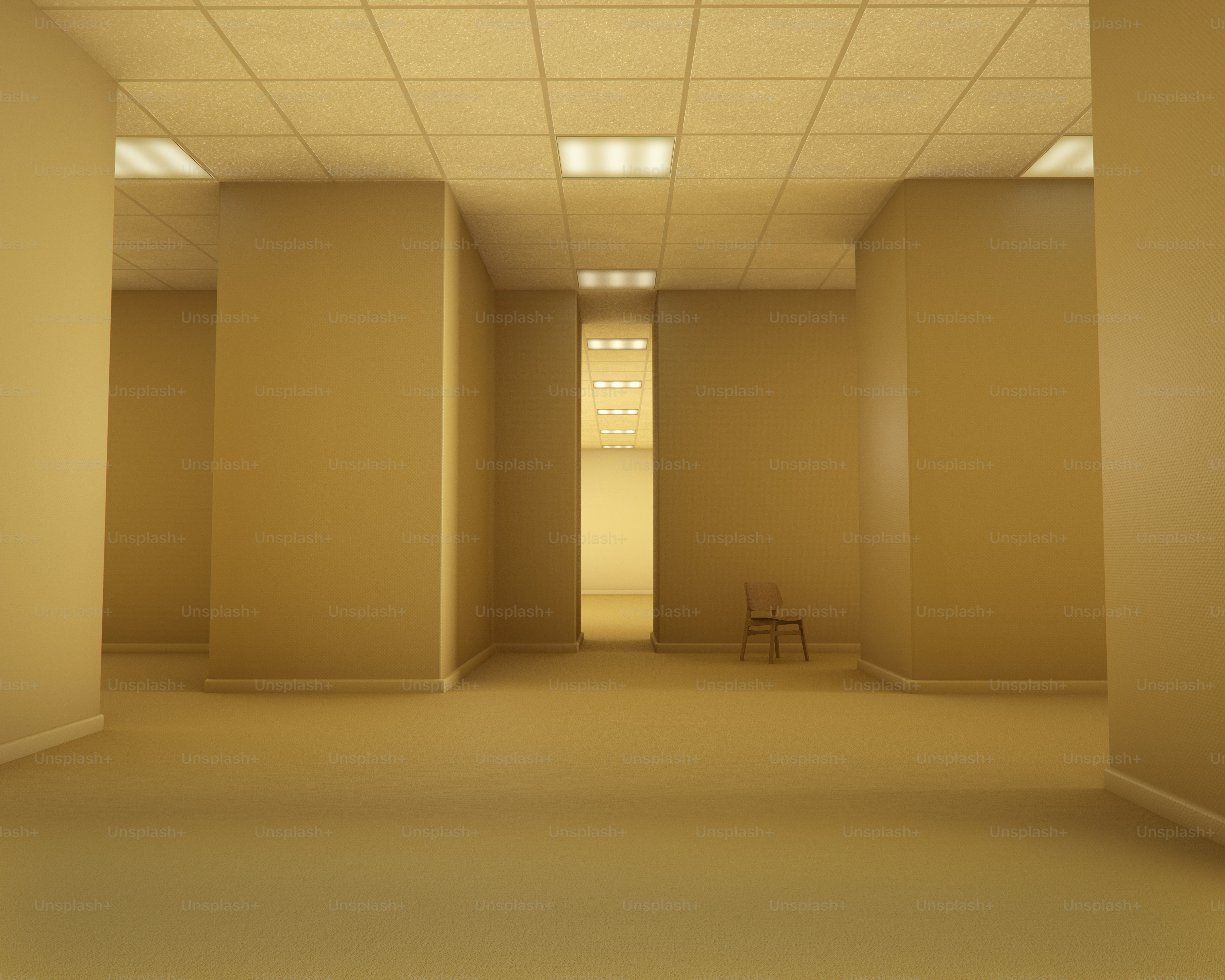 Empty yellowish liminal space with lone chair