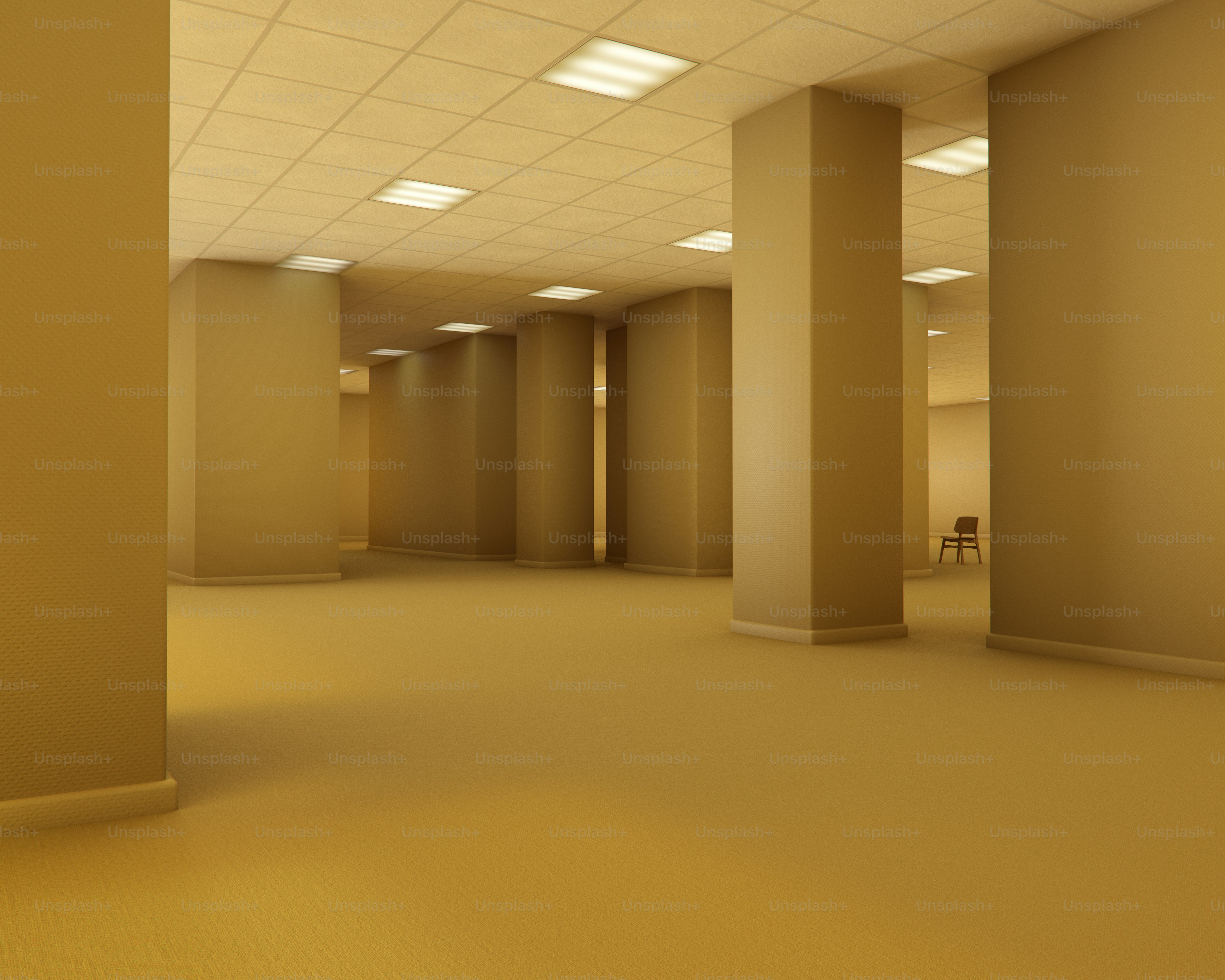 Empty liminal space with yellow walls and pillars