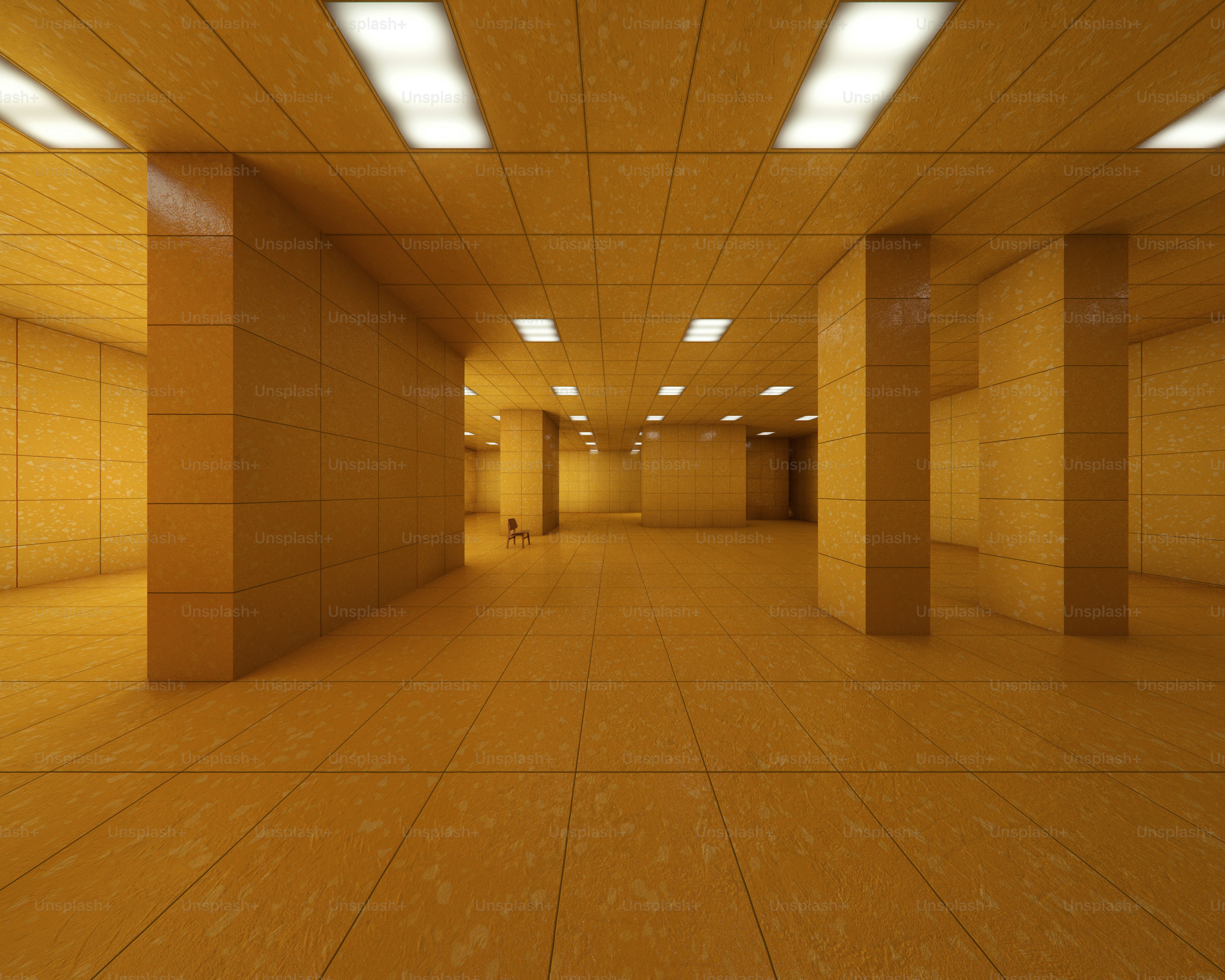 Empty, eerie liminal space with fluorescent lights
