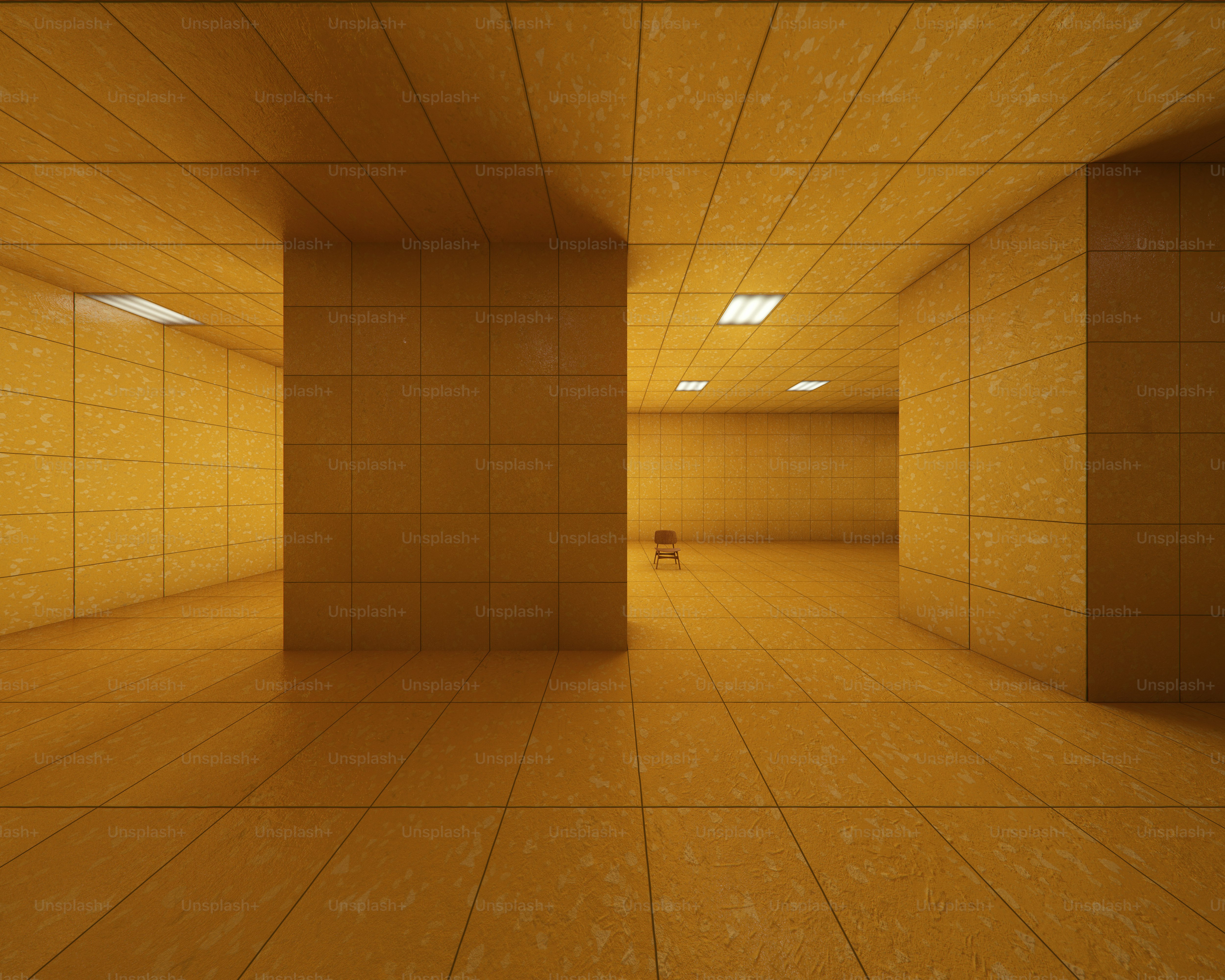 Empty yellow tiled hallway with fluorescent lights