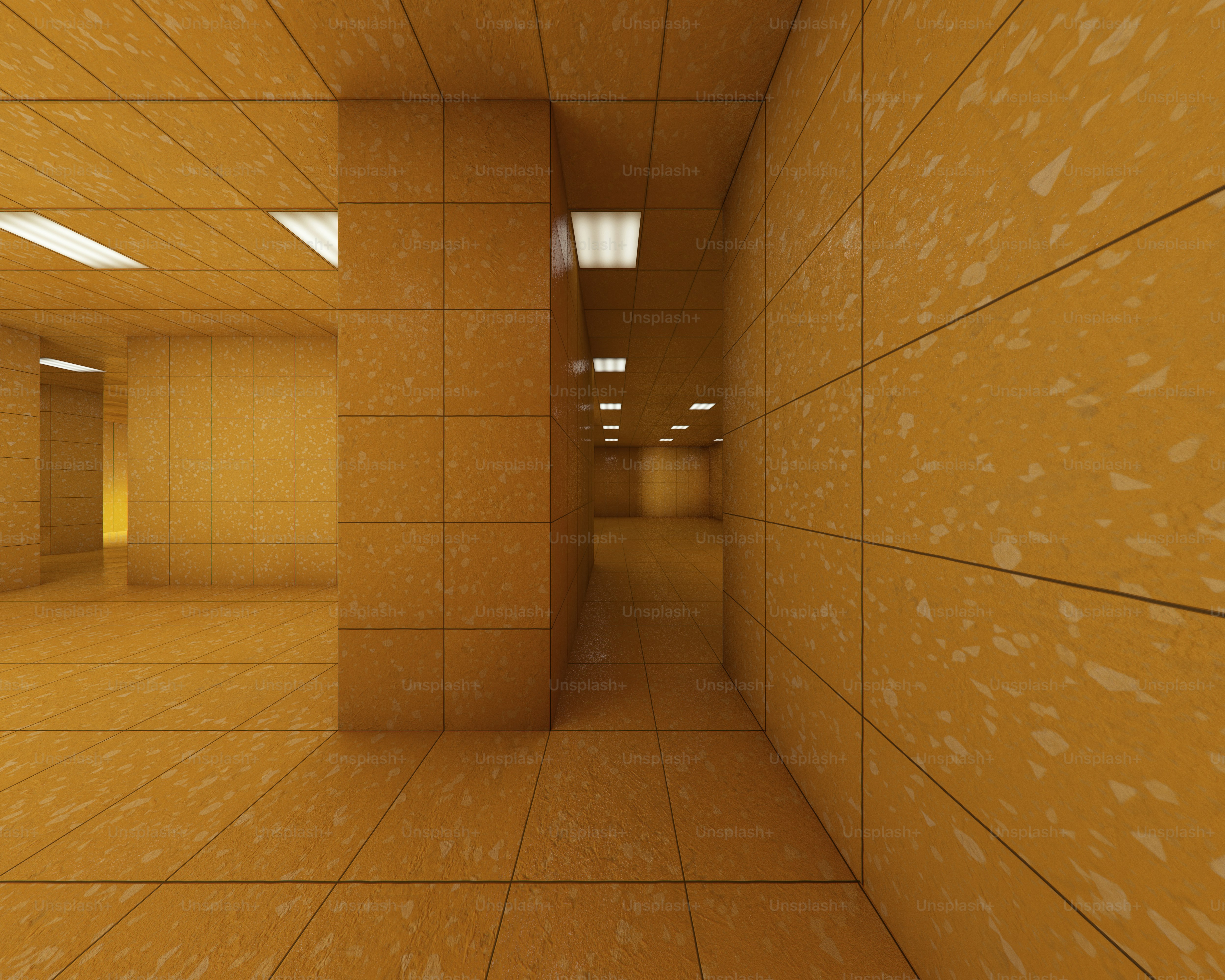 Empty yellow tiled liminal space with fluorescent lights