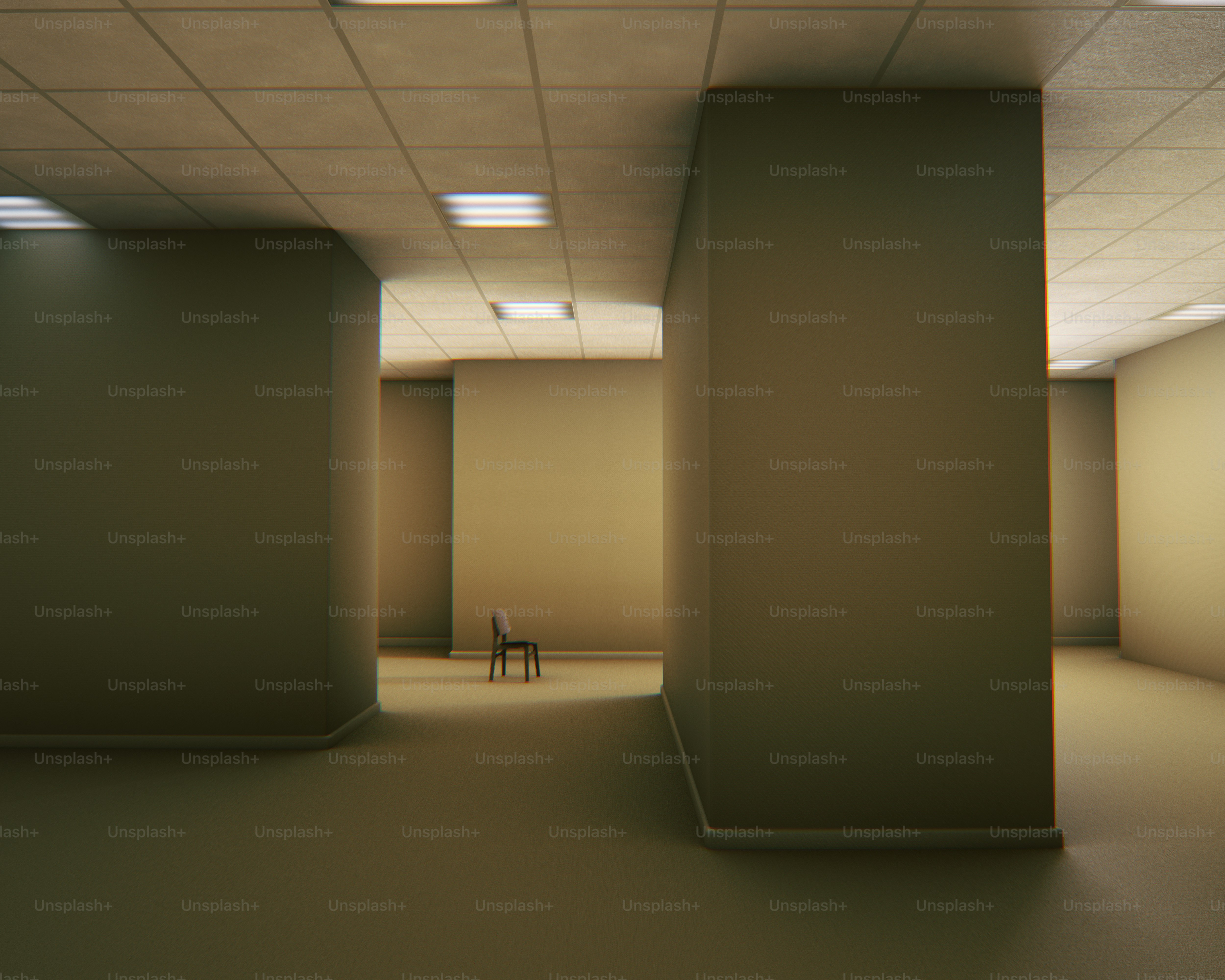 Empty, unsettling liminal space with a single chair