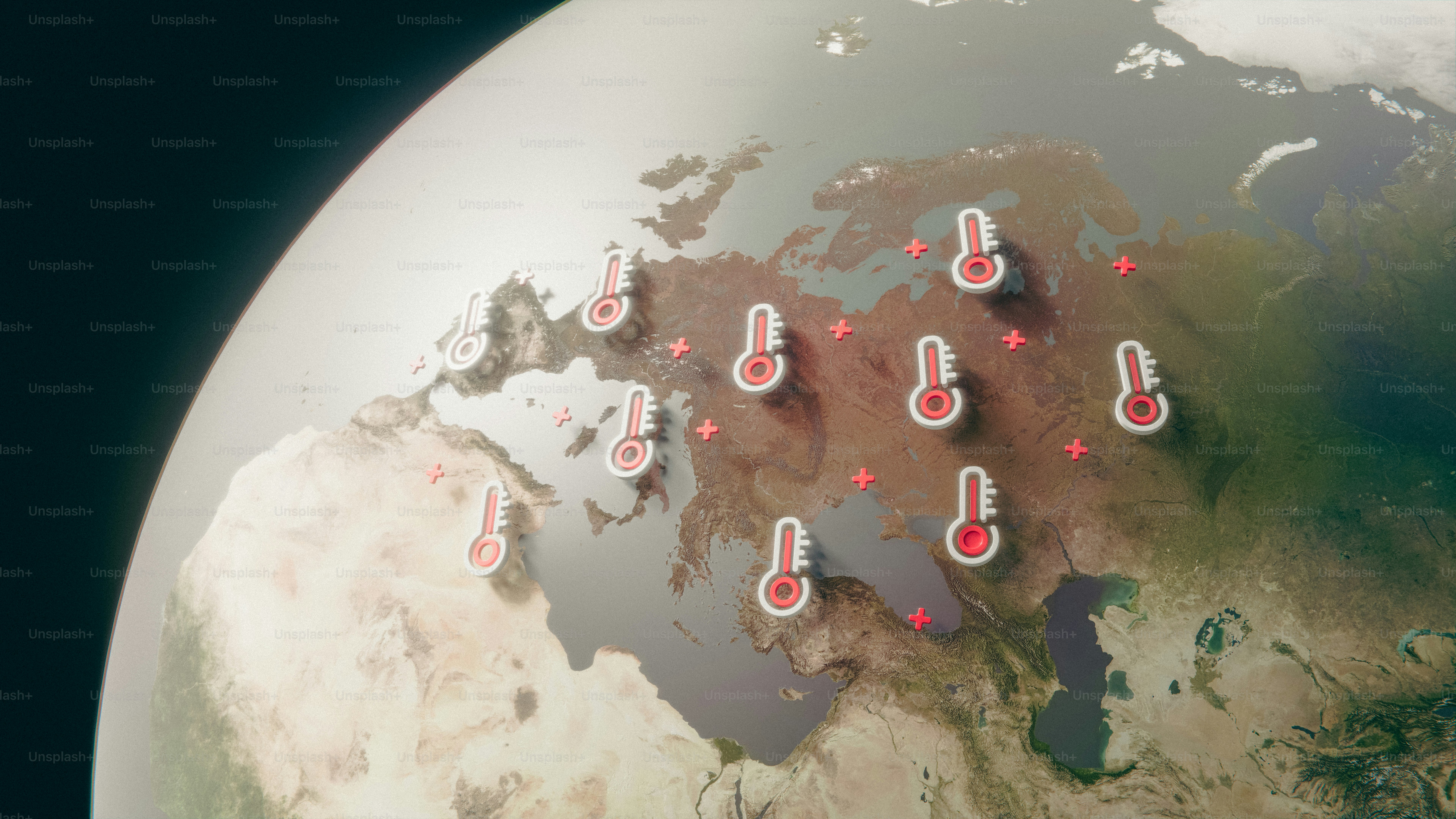 Global heatwave indicated by red thermometers on earth