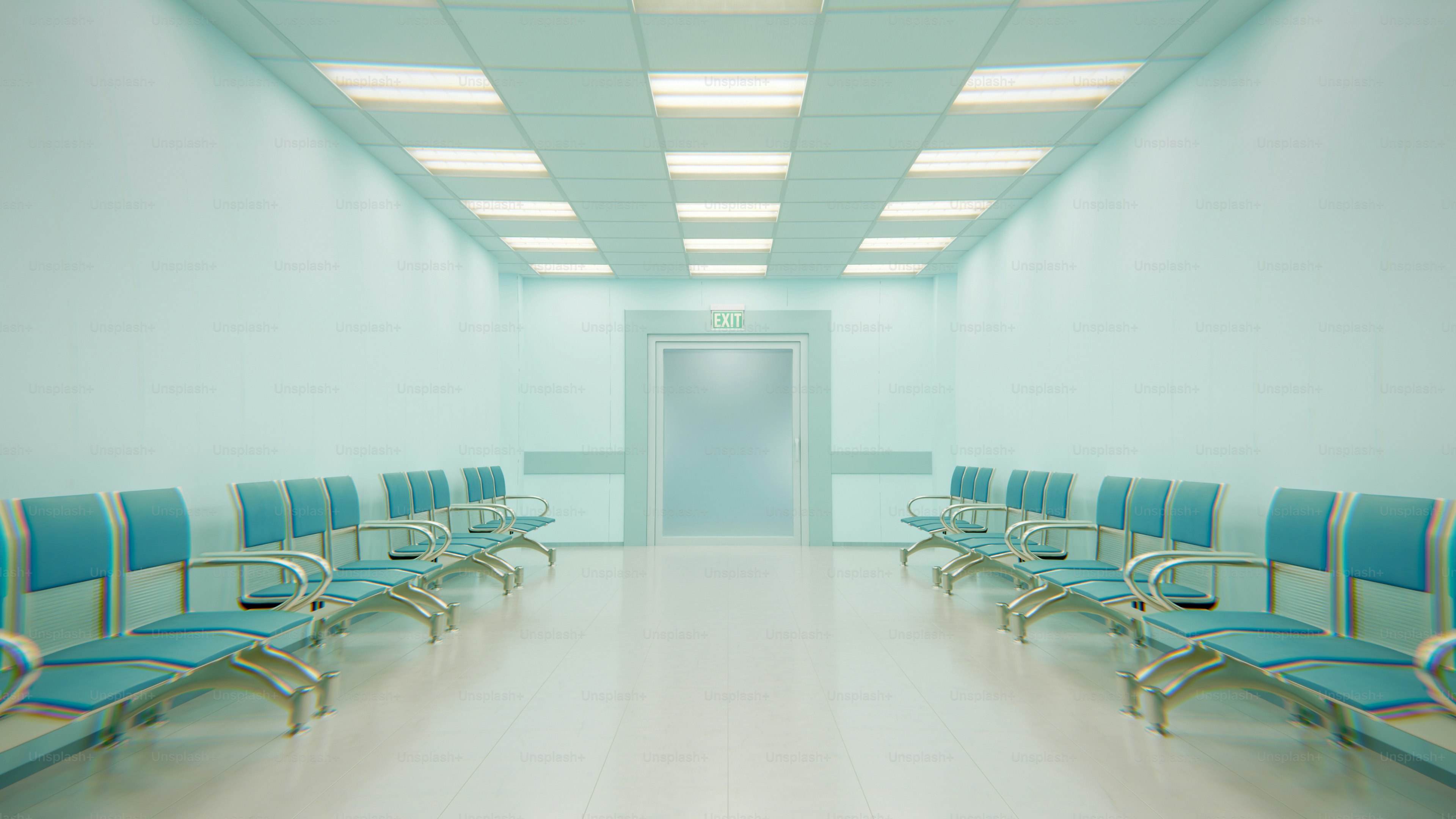 Empty hospital waiting room with blue chairs