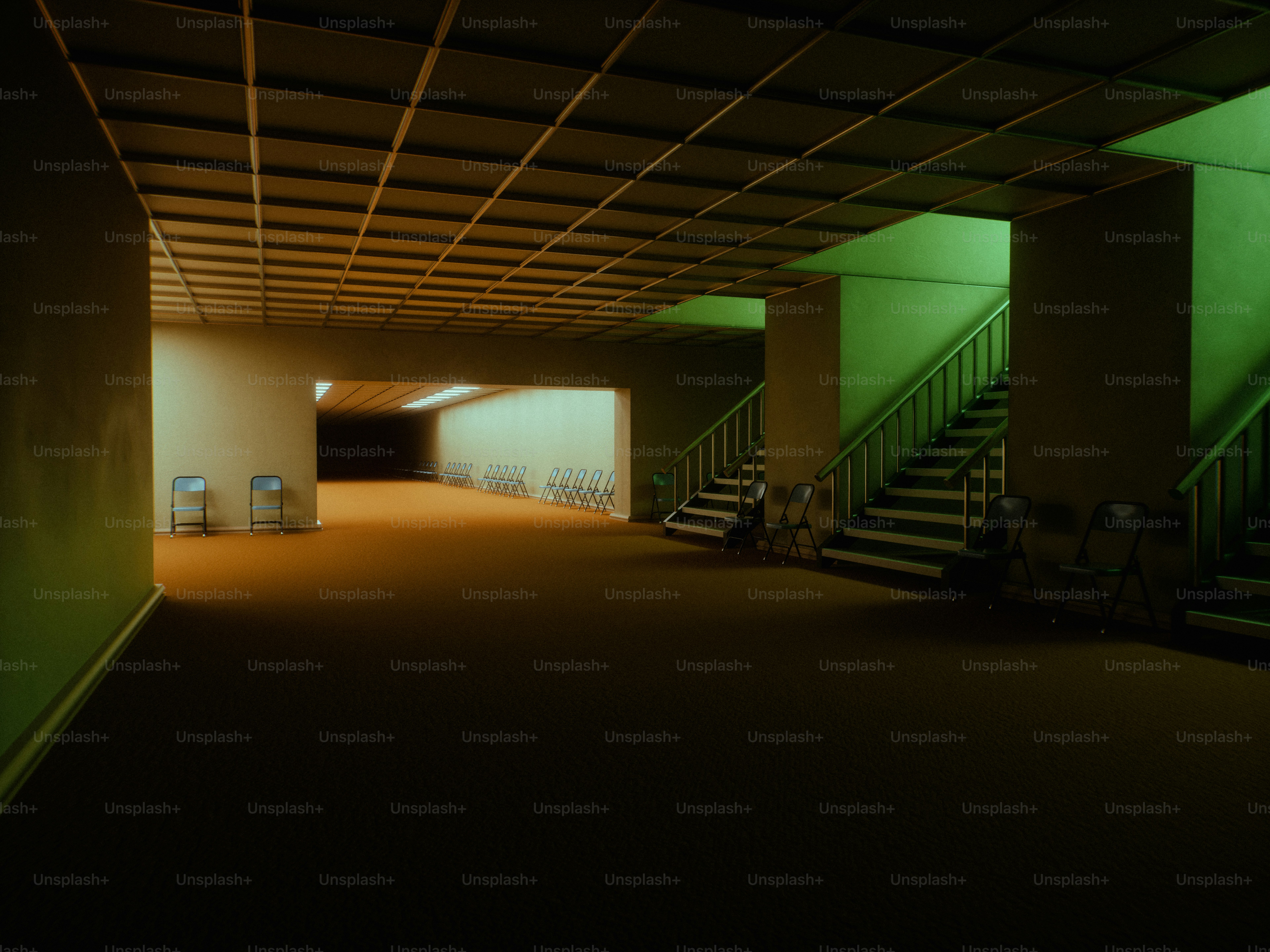 Empty hallway with contrasting green and orange lighting