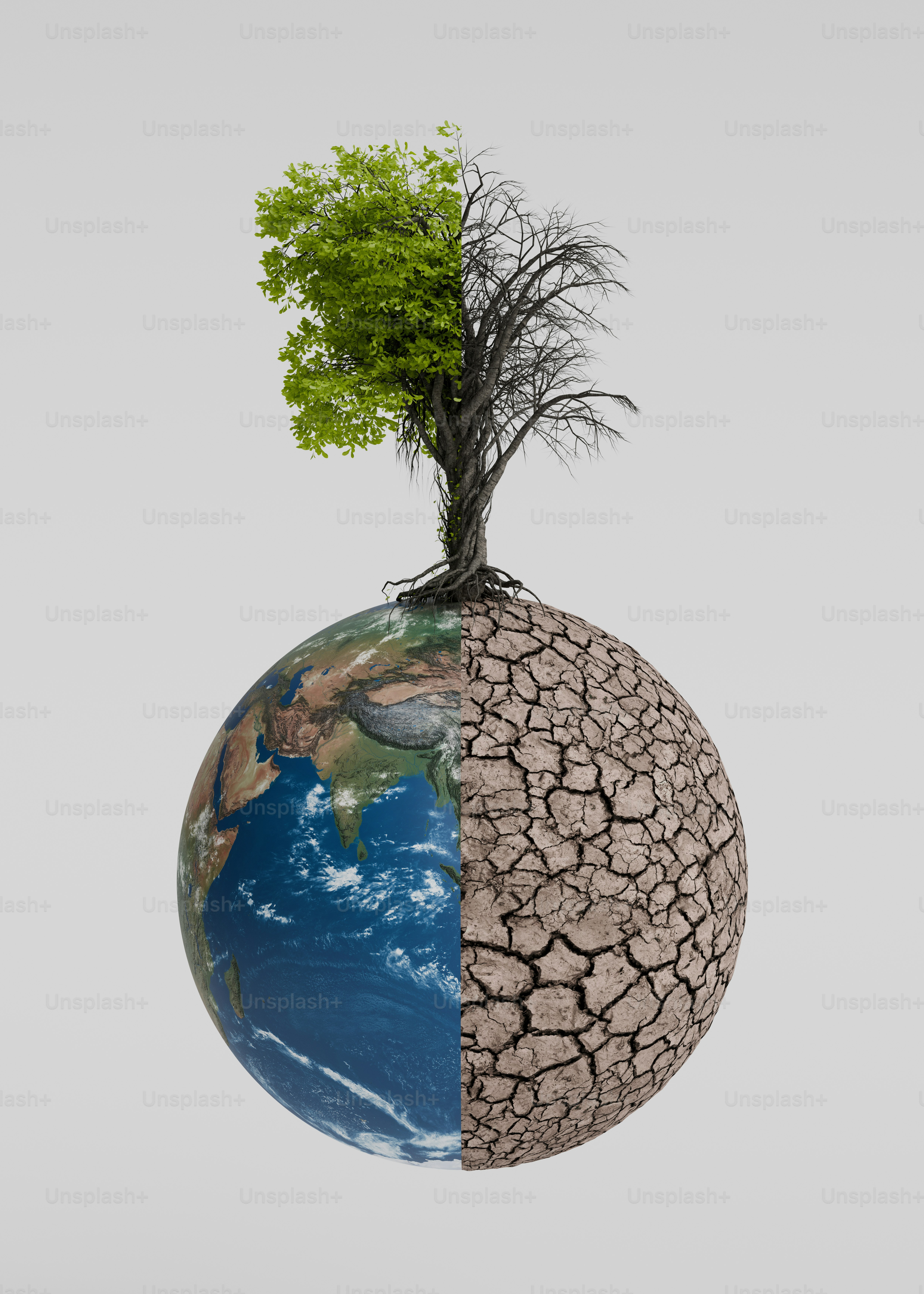Divided earth with lush and dead tree