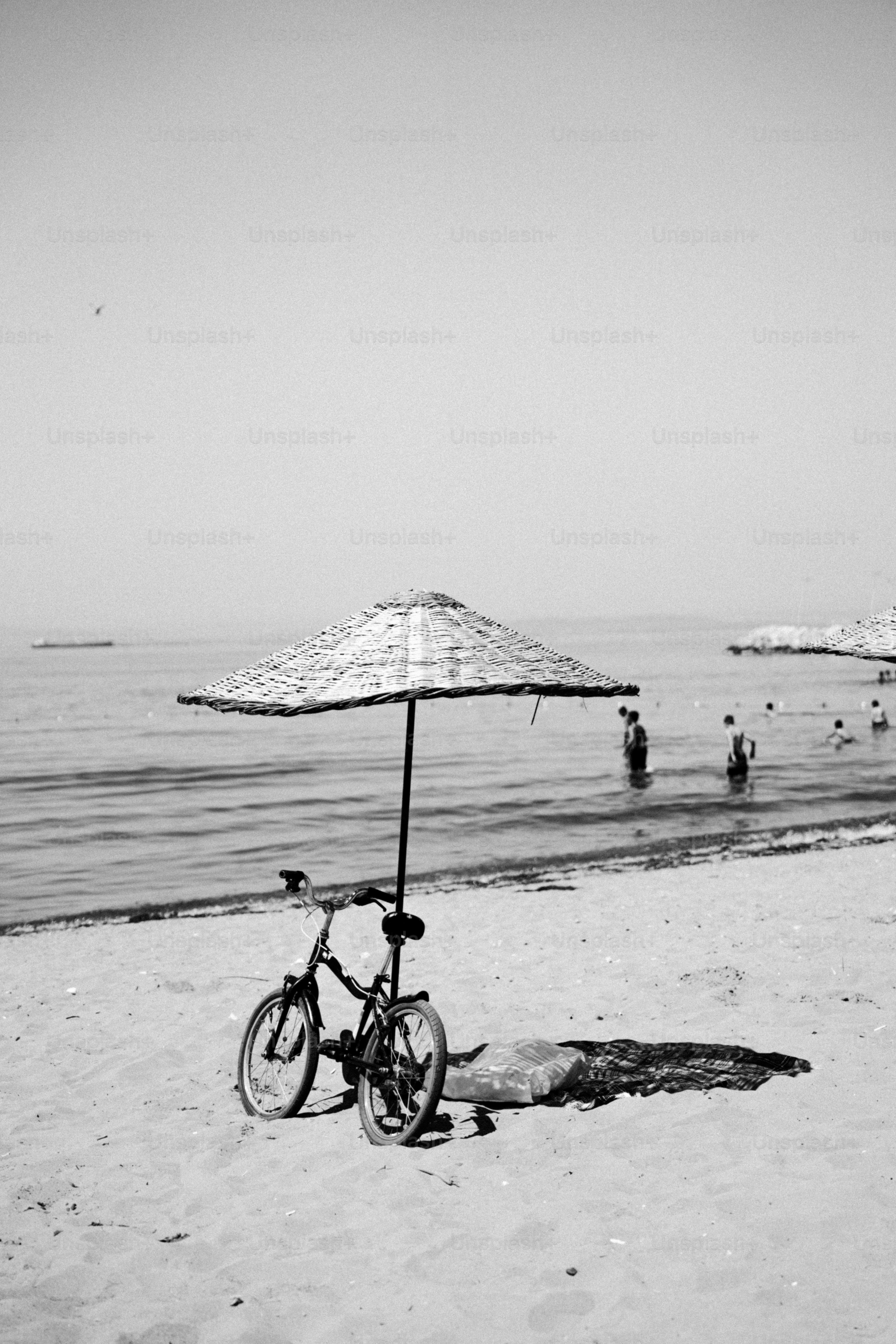 Bicycle under beach umbrella on sandy shore