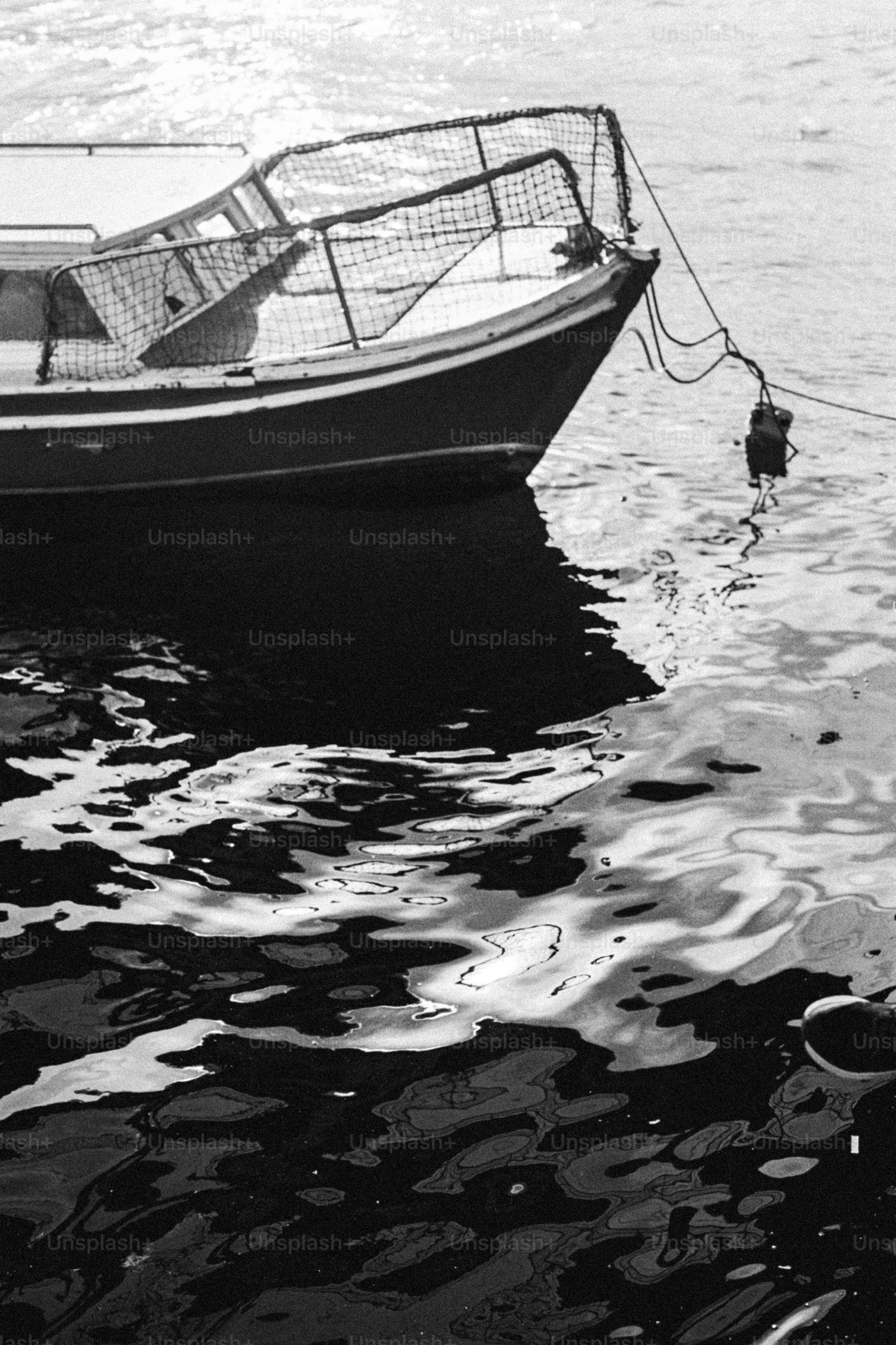 Boat with net on bow in rippling water