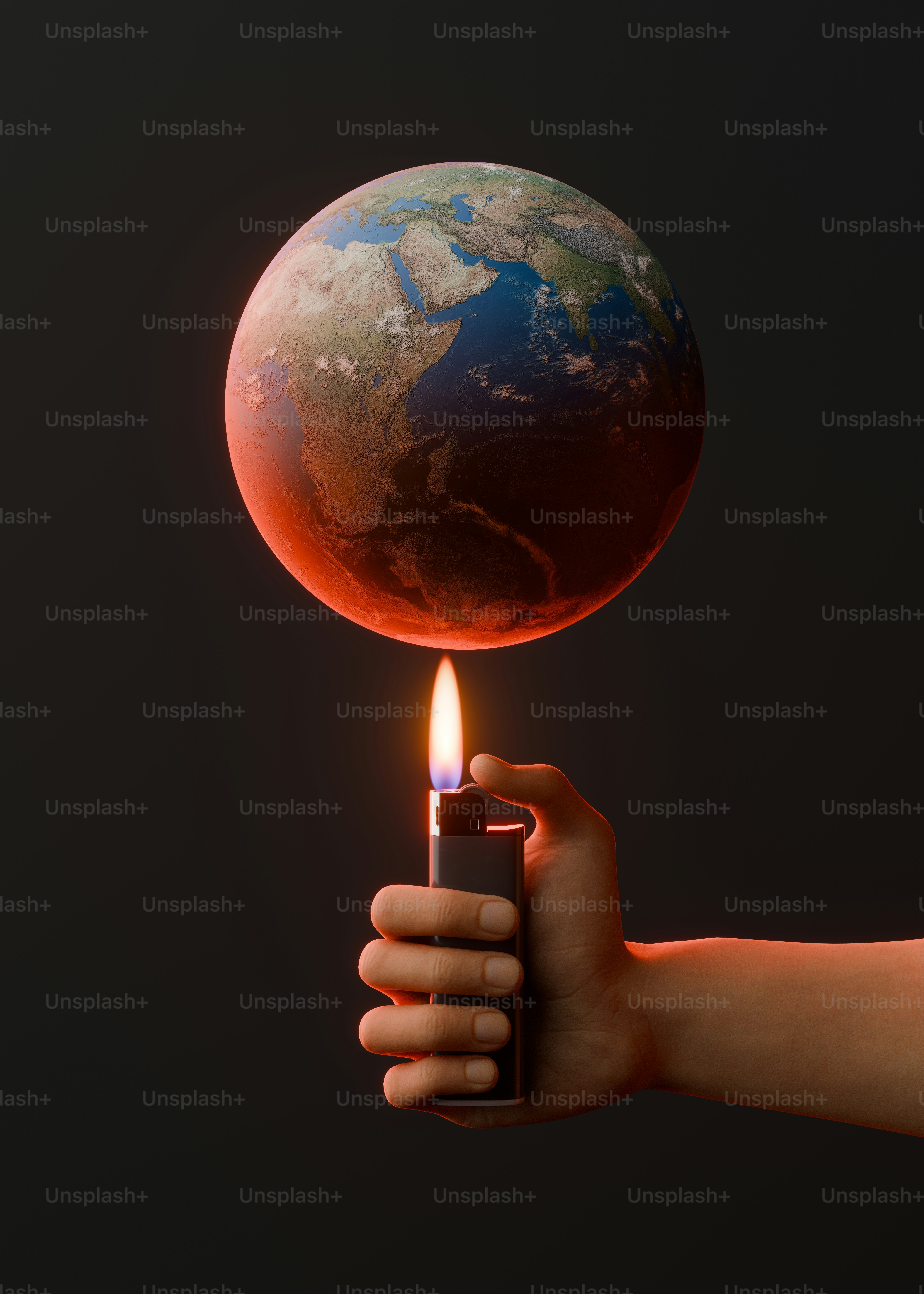 Feuerzeuge Flamme, die eine leuchtende Erdkugel erwärmt