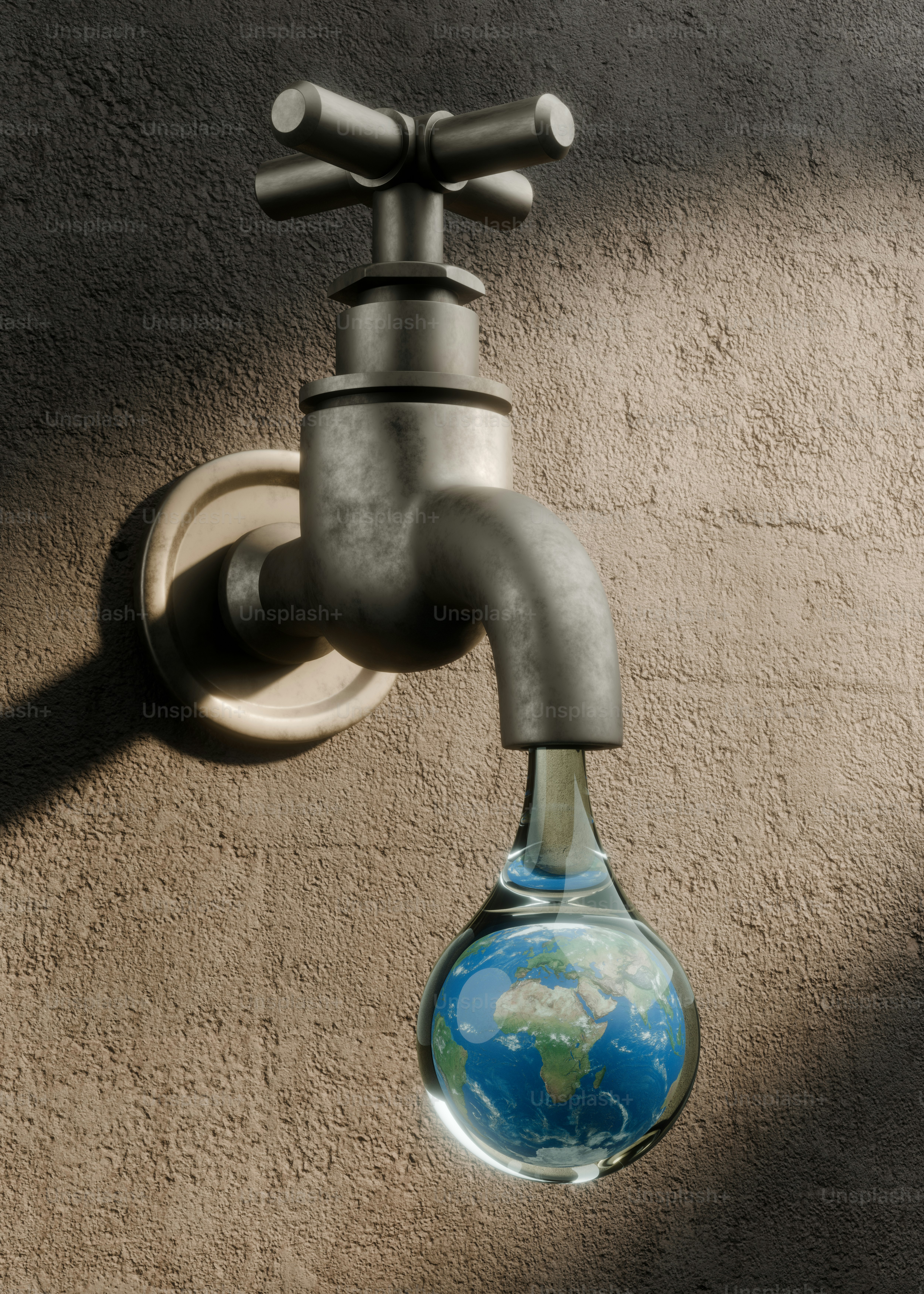 Wasserhahn tropft Wassertropfen mit Erde