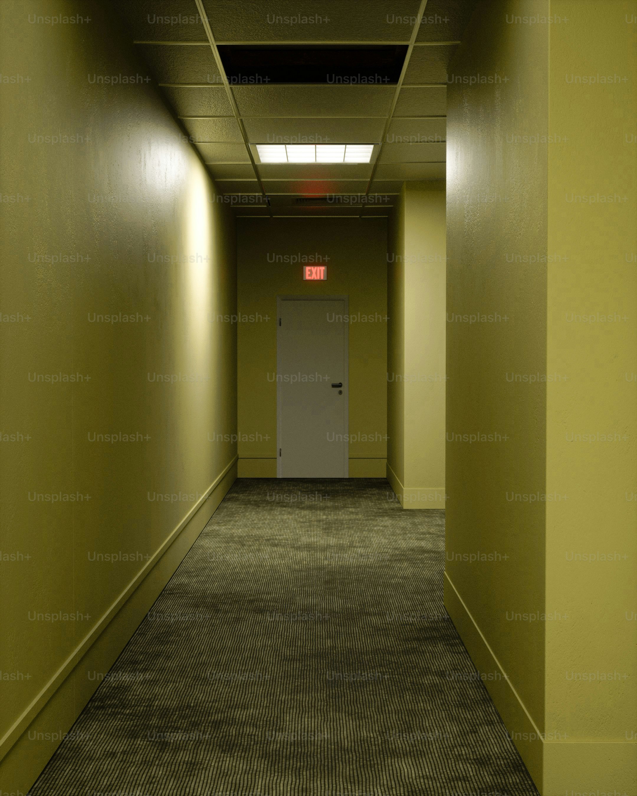 Liminal empty hallway with exit sign and fluorescent lights