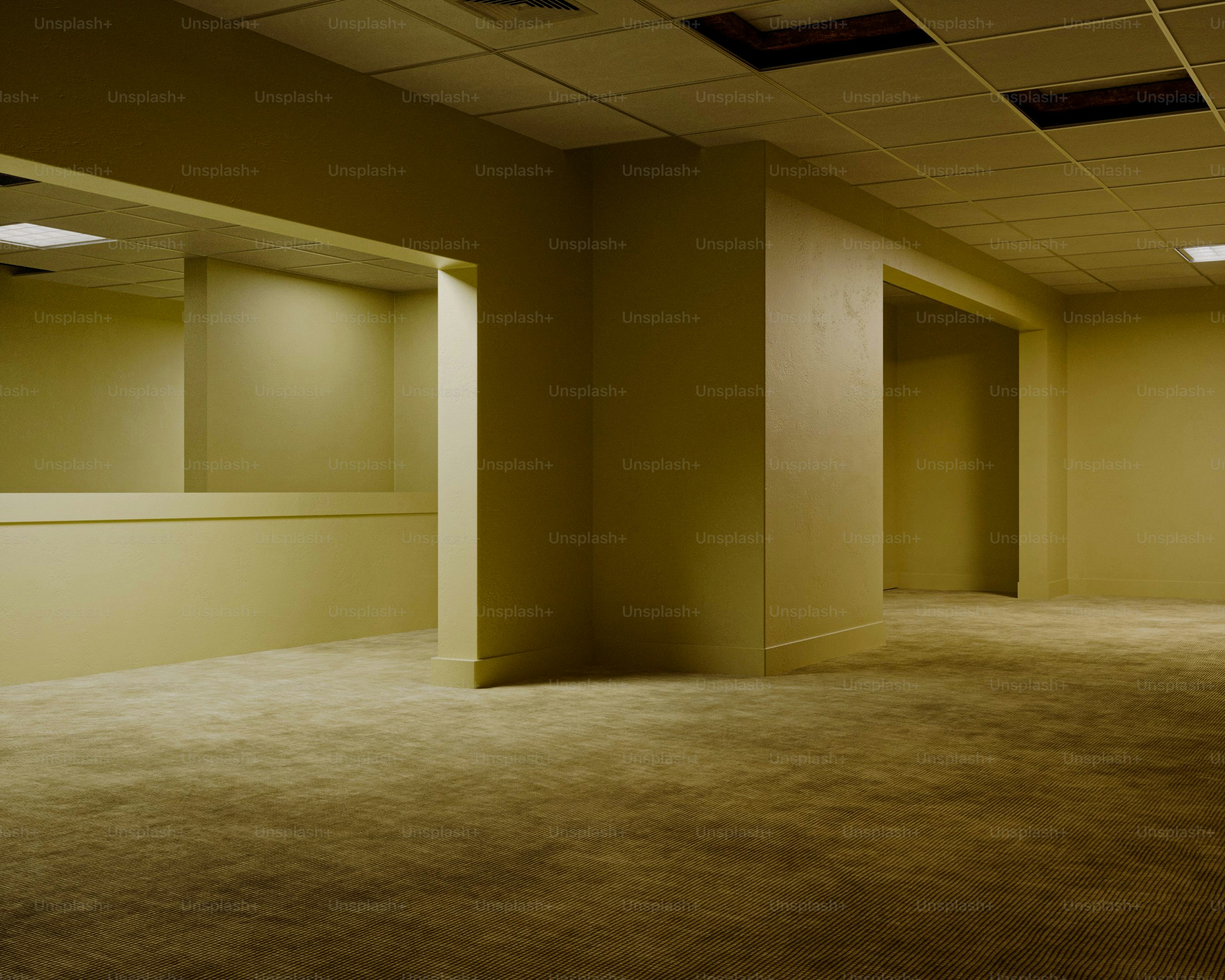 Empty liminal space with beige walls and carpet.
