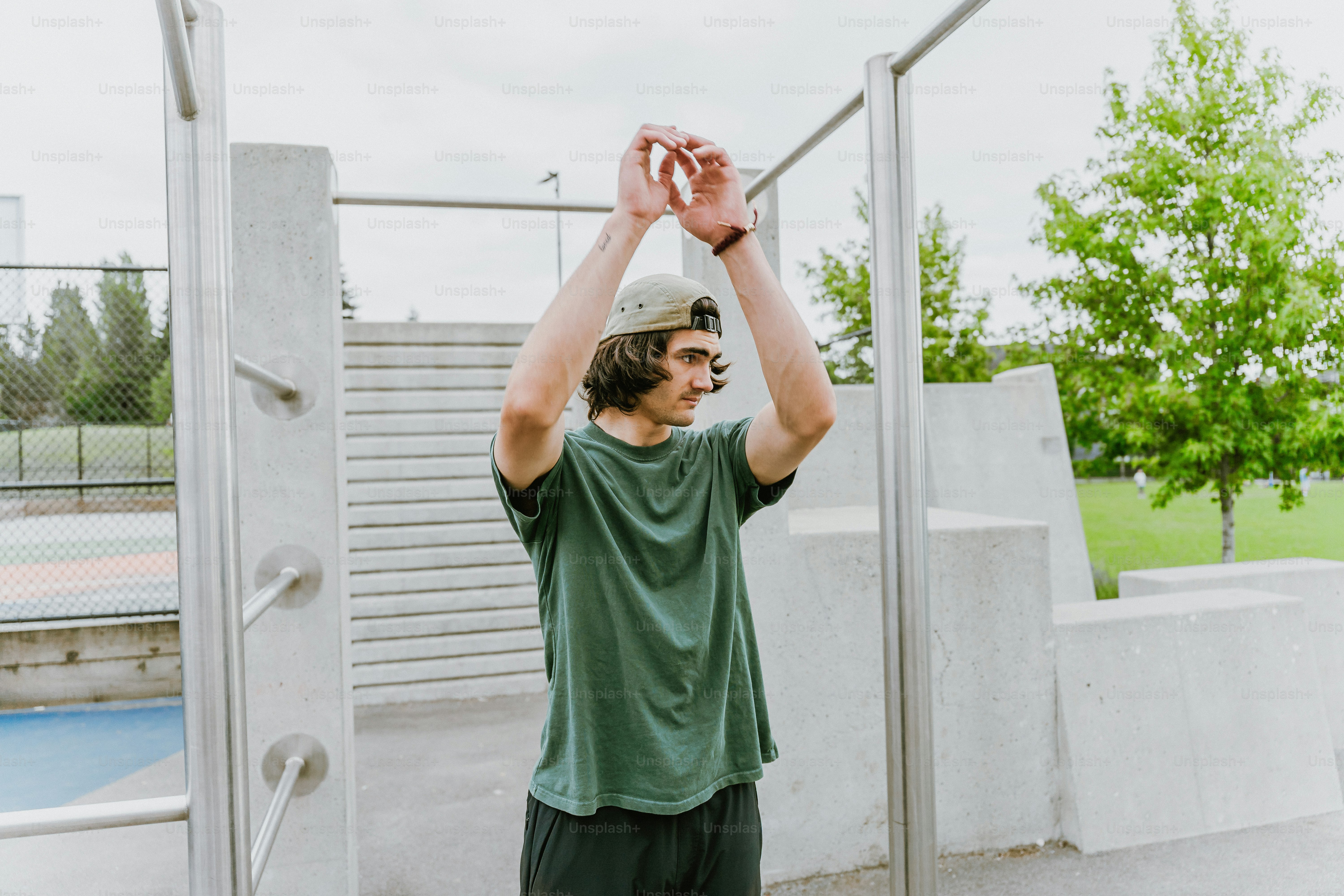 Man exercising in outdoor parkour park