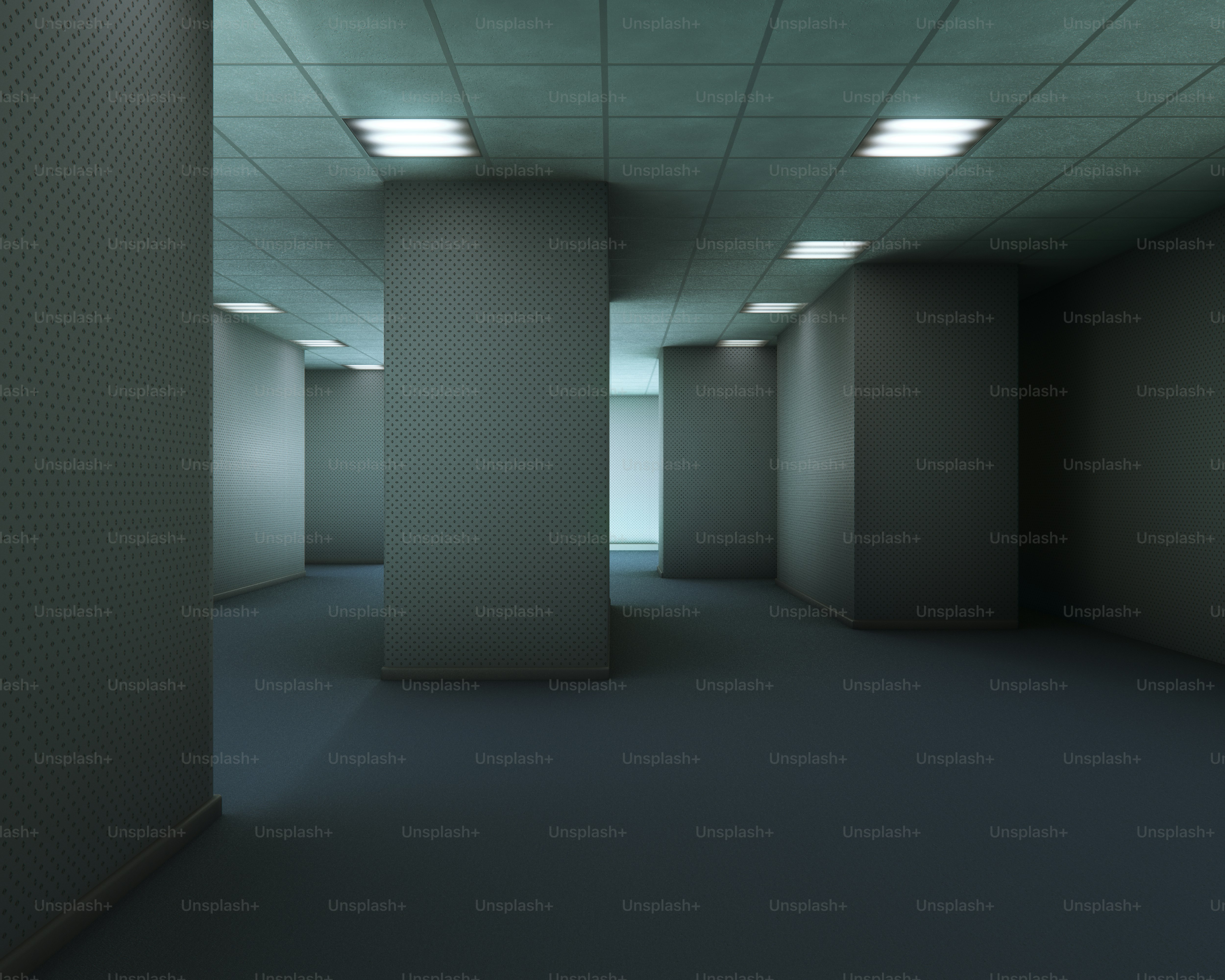 Liminal space with pillars and dim fluorescent lights