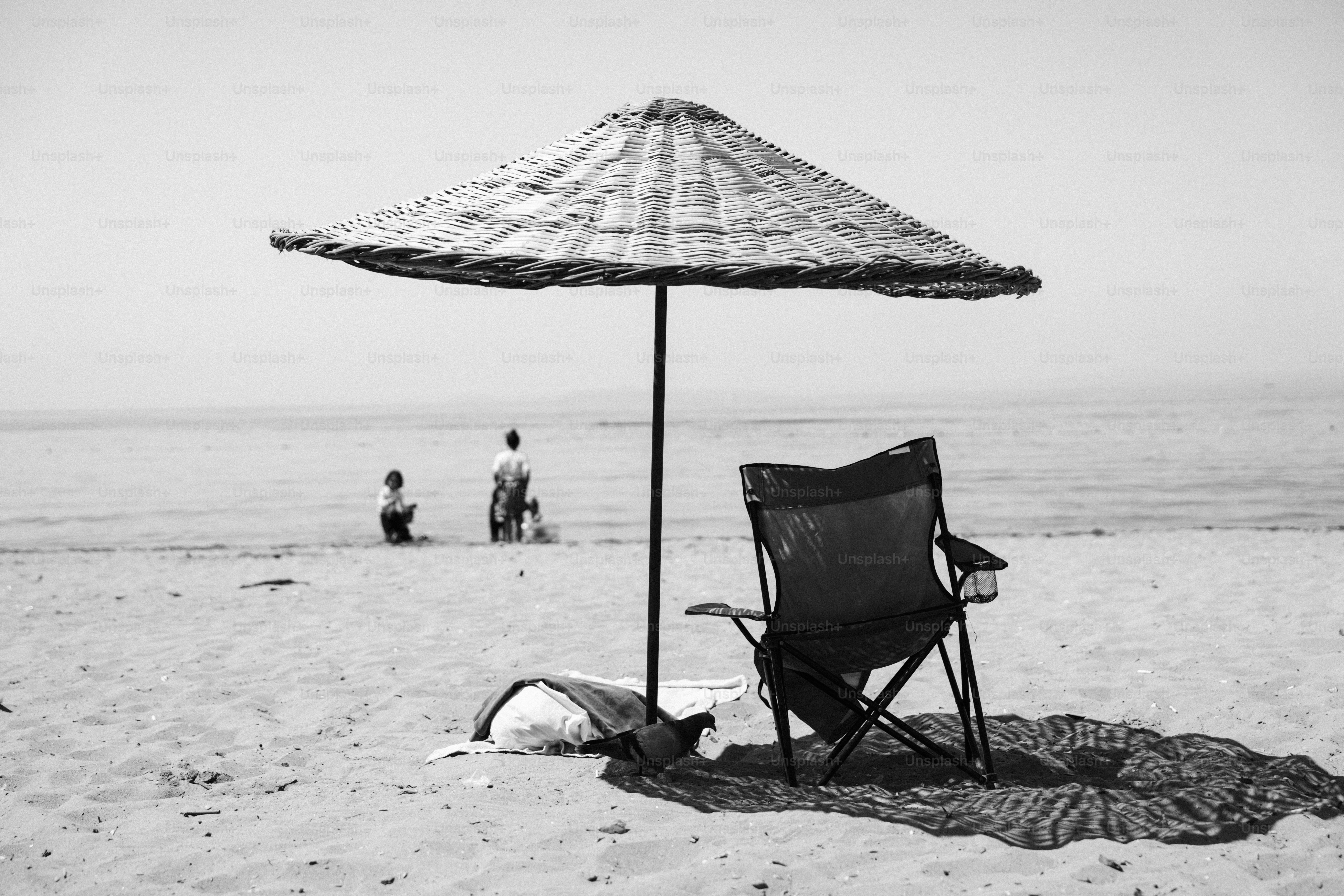 Beach umbrella, chair, and people in water