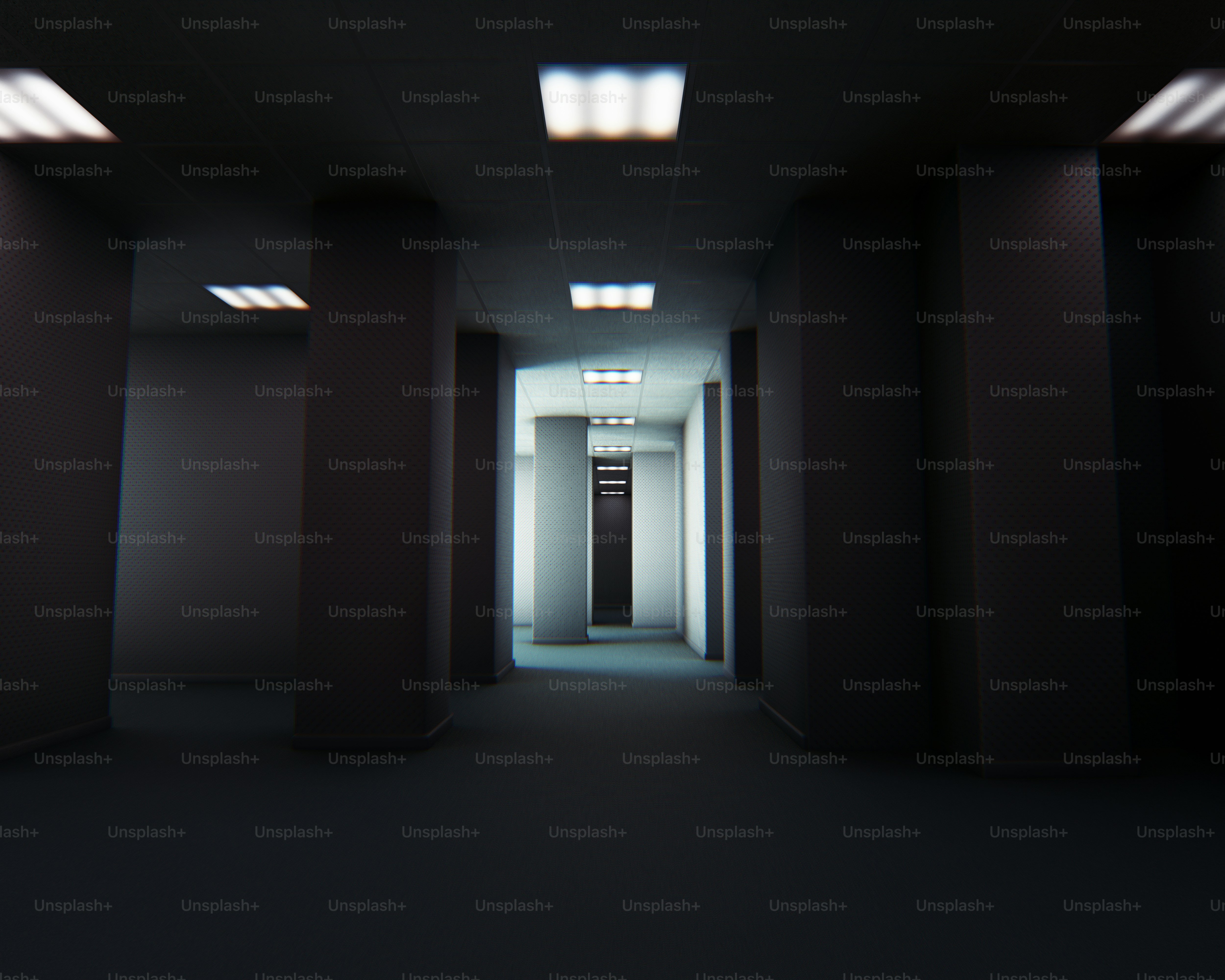 Empty liminal space hallway with dim lighting