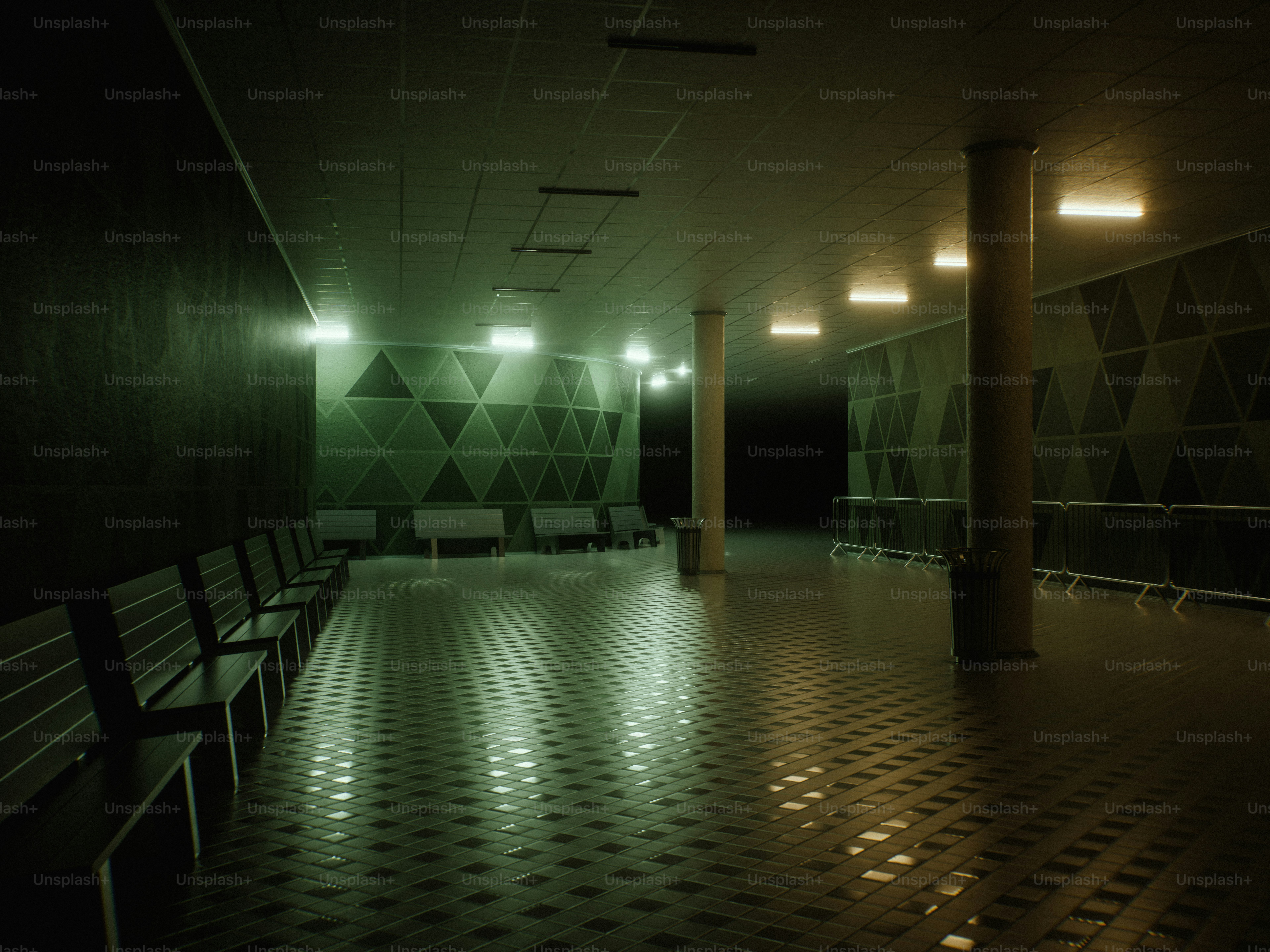 Empty, dimly lit waiting area with geometric walls