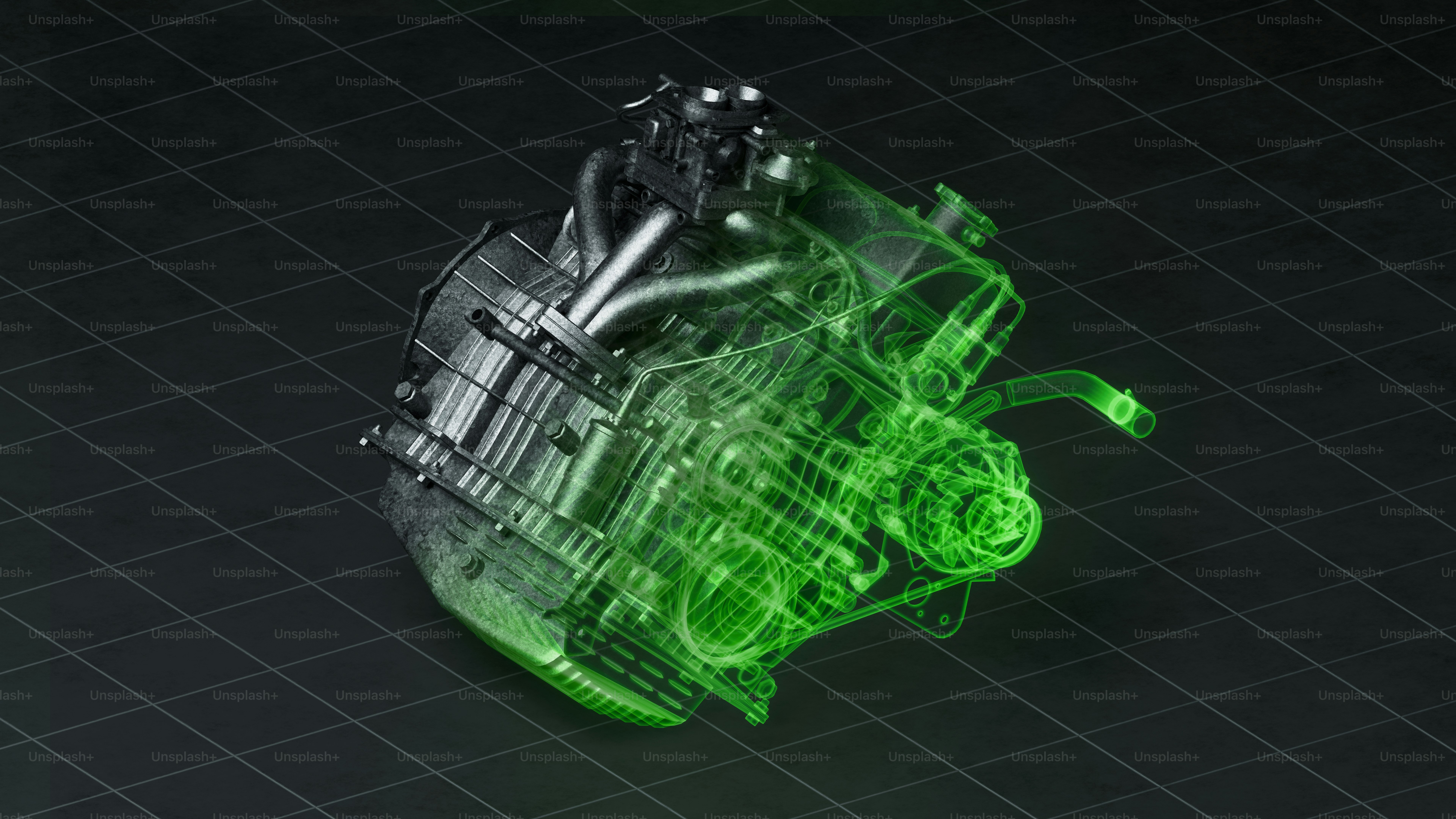 Motorradmotor mit grün transparenten Komponenten