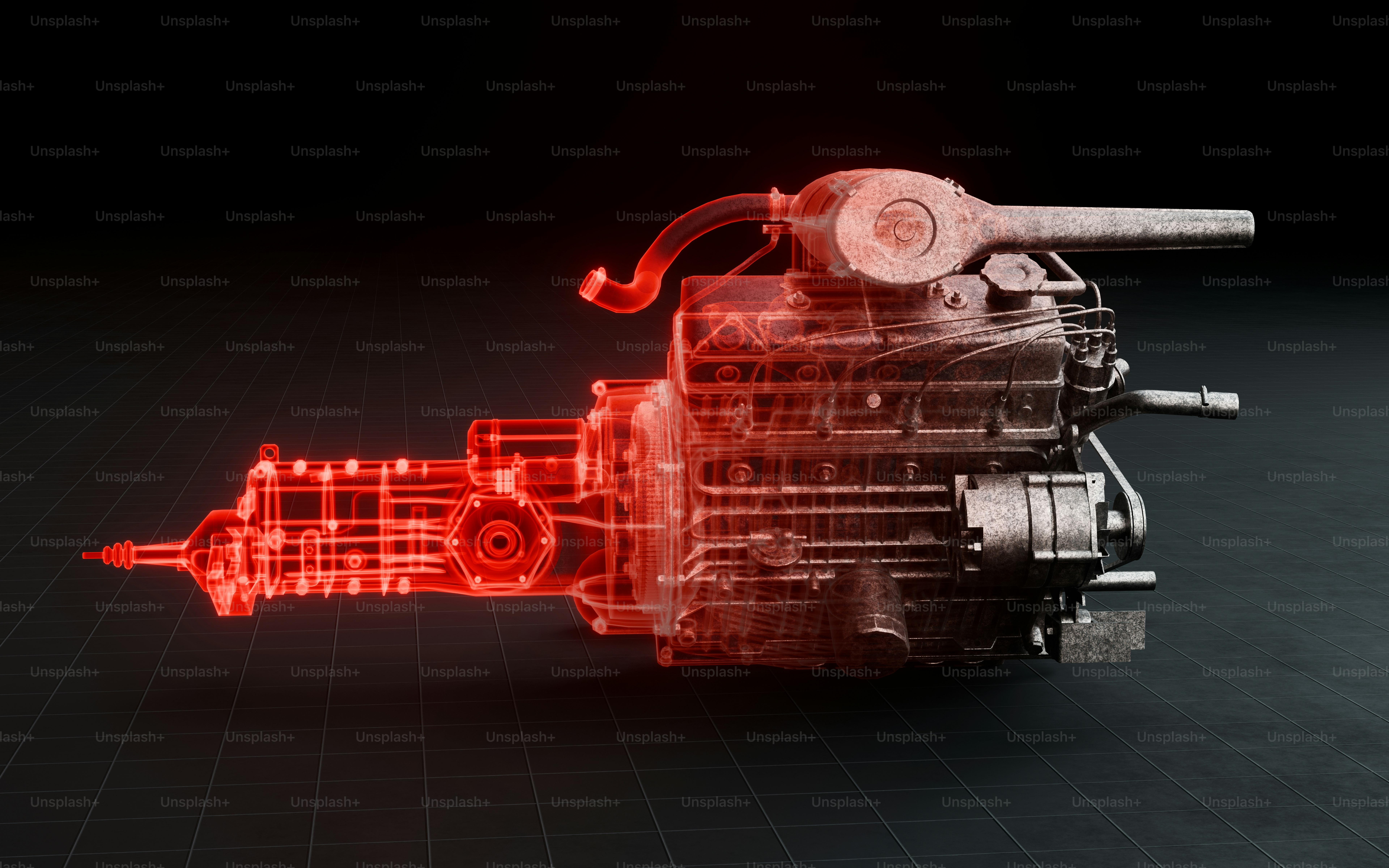 Rot leuchtender Motor und Getriebe auf dunklem Gitter