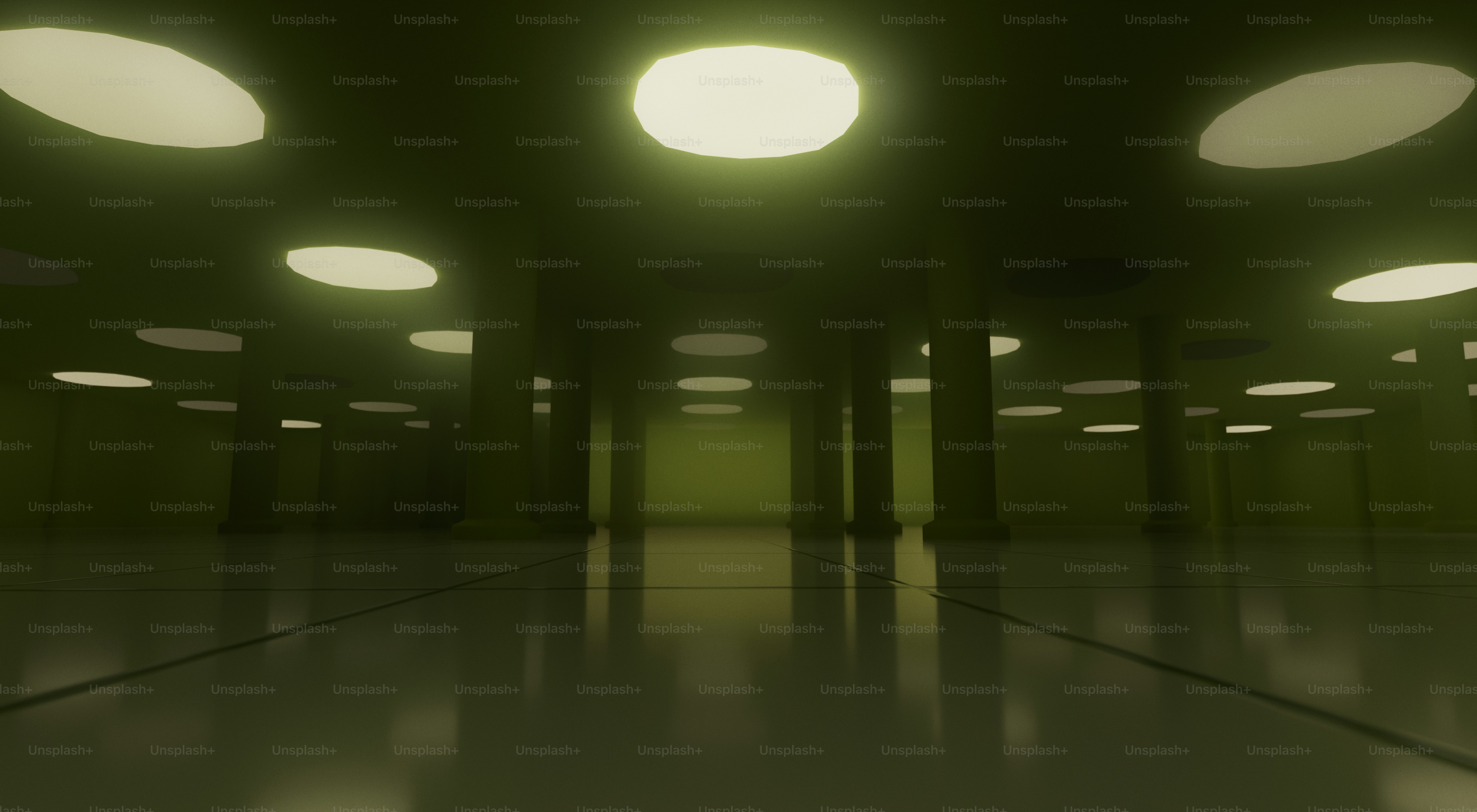 Green-lit empty hall with reflective floor and columns