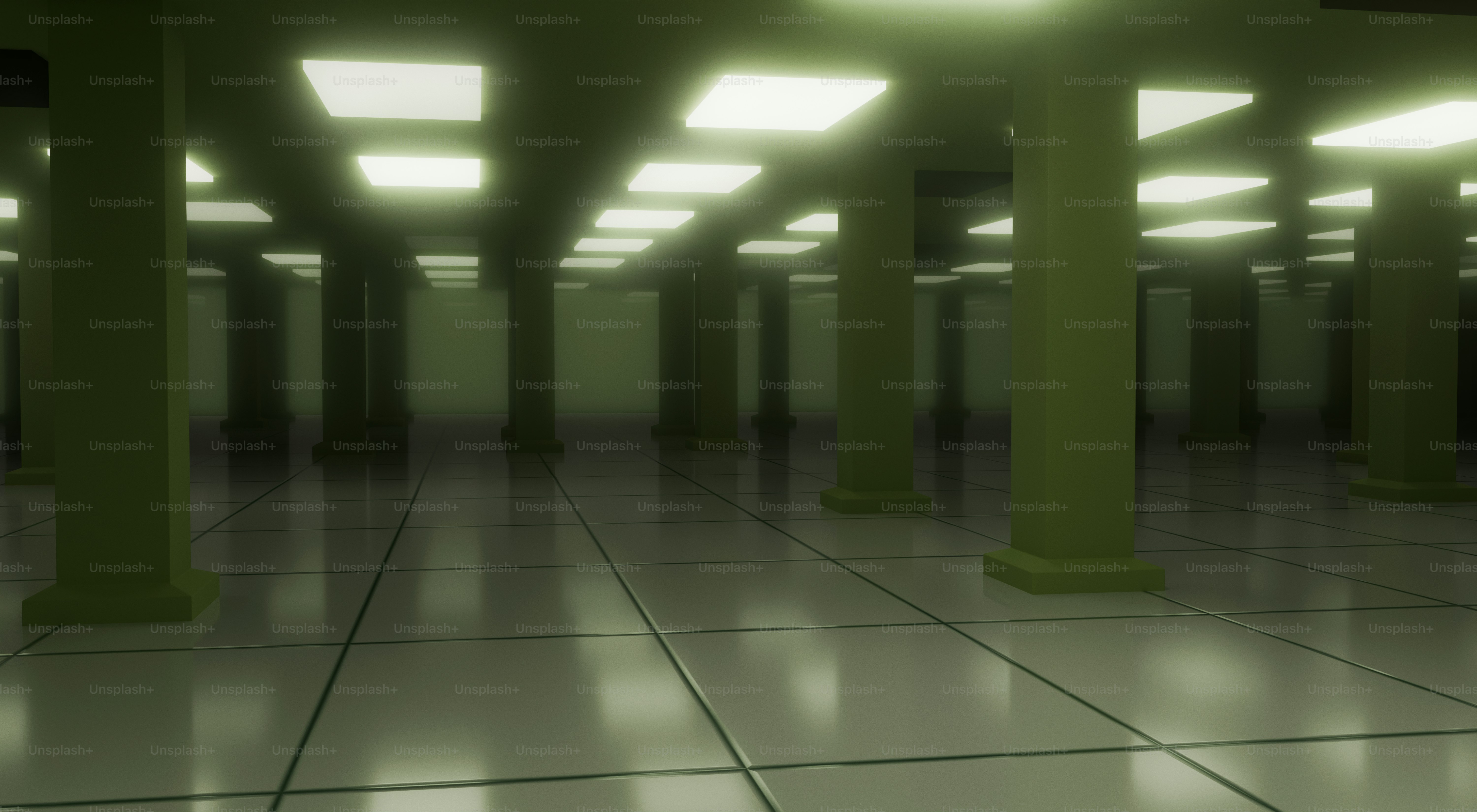 Empty hall with pillars and square ceiling lights