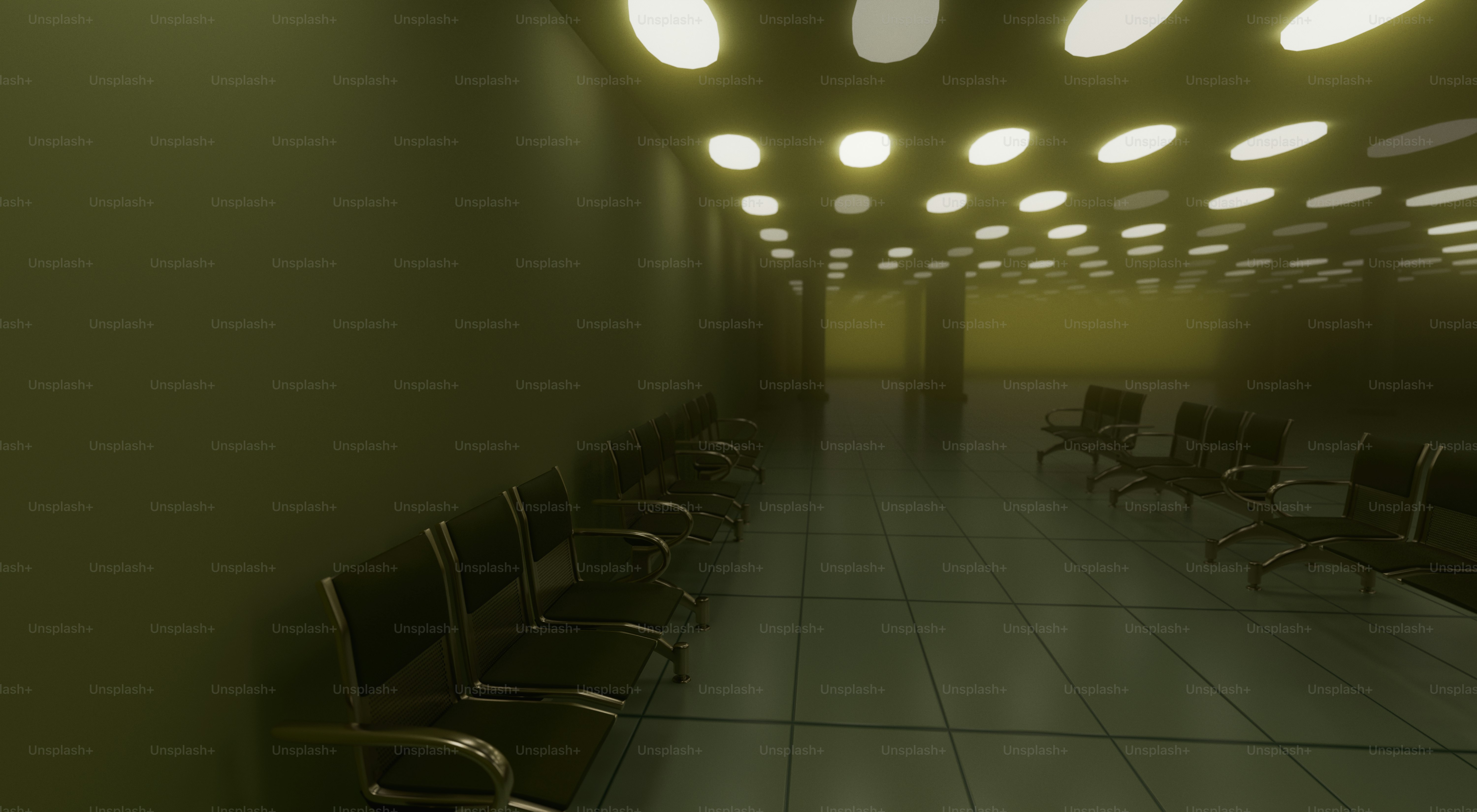 Empty waiting room, rows of chairs, yellow lighting