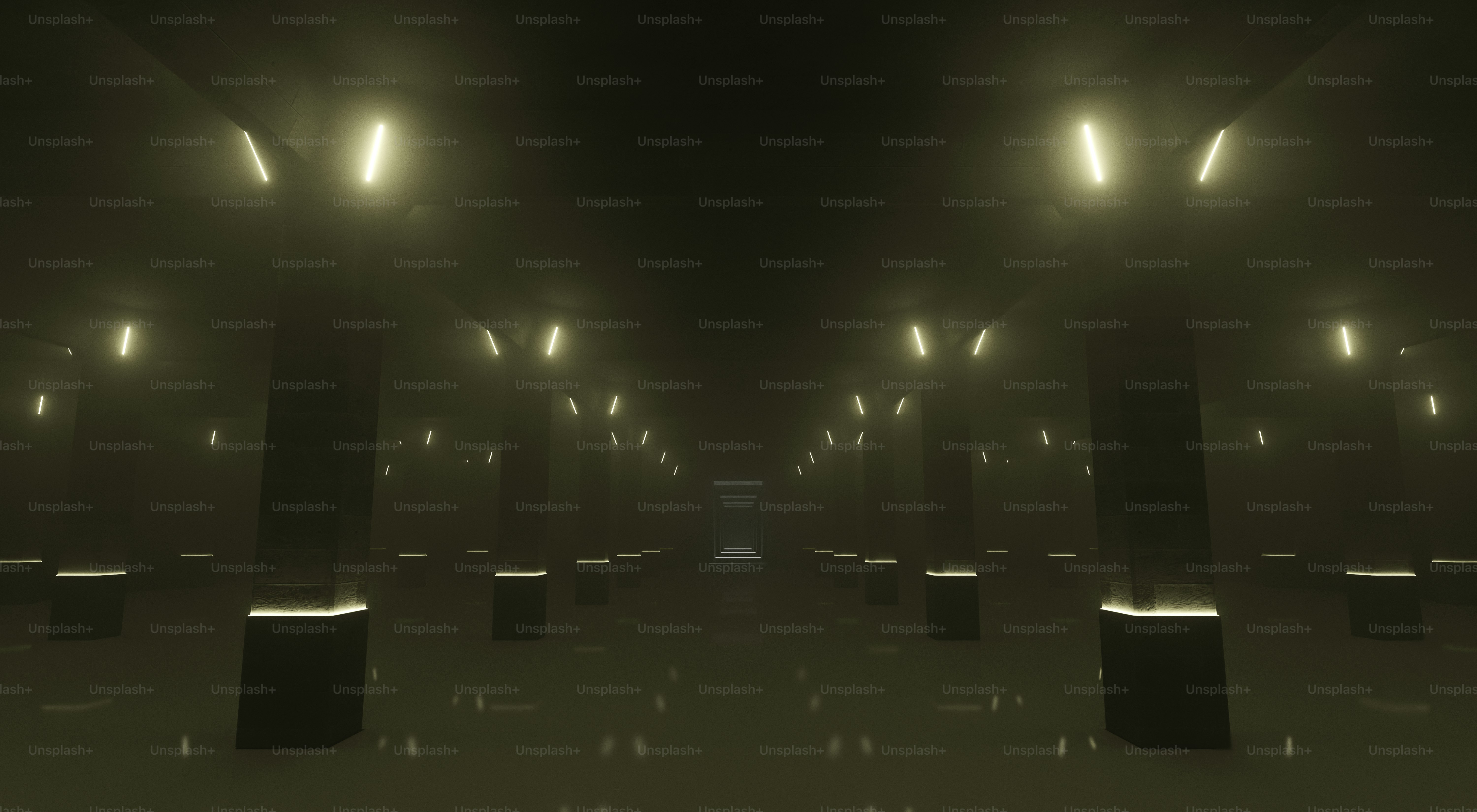 Dark room with symmetrical pillars and glowing lights