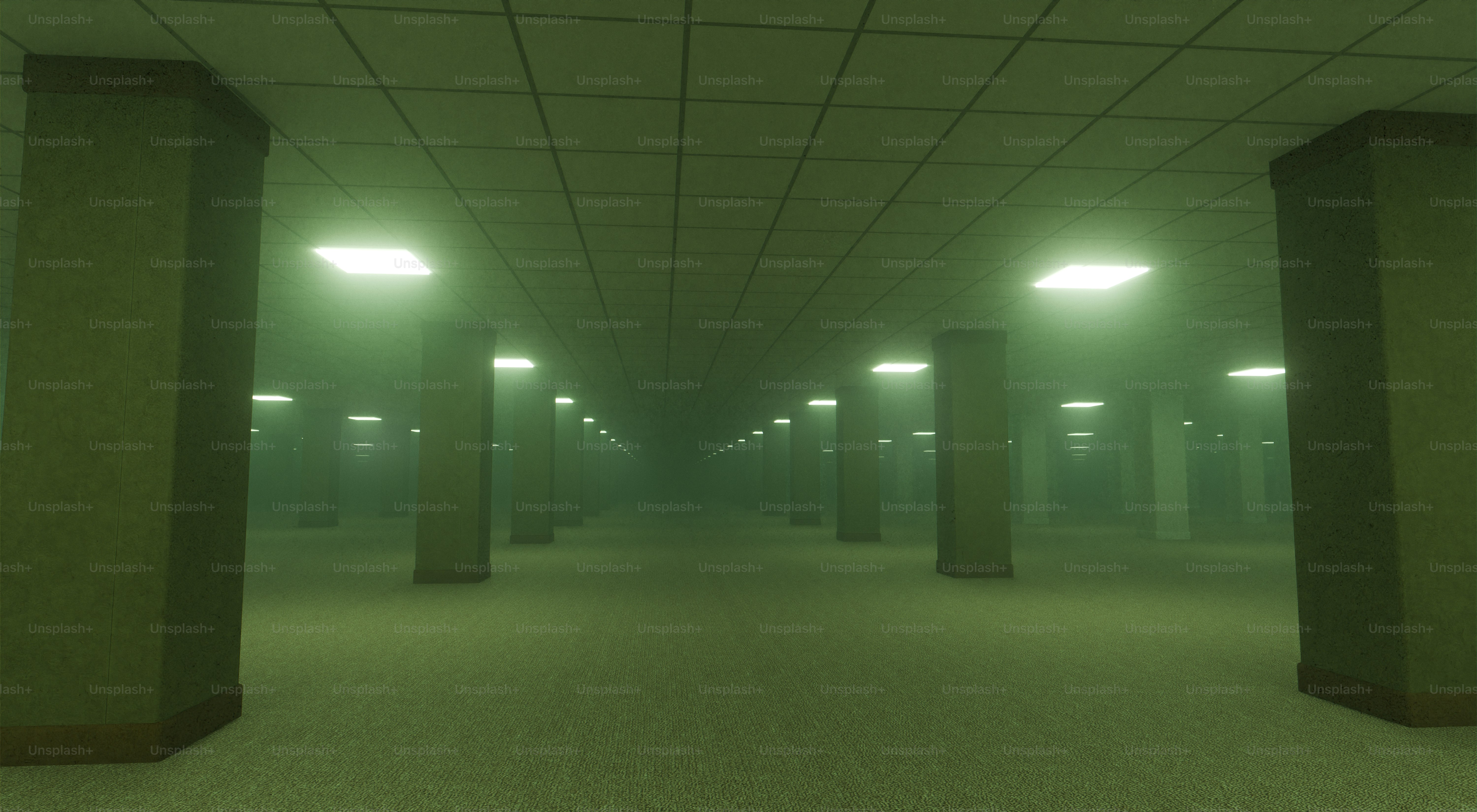 Eerie hallway with pillars under green fluorescent lights