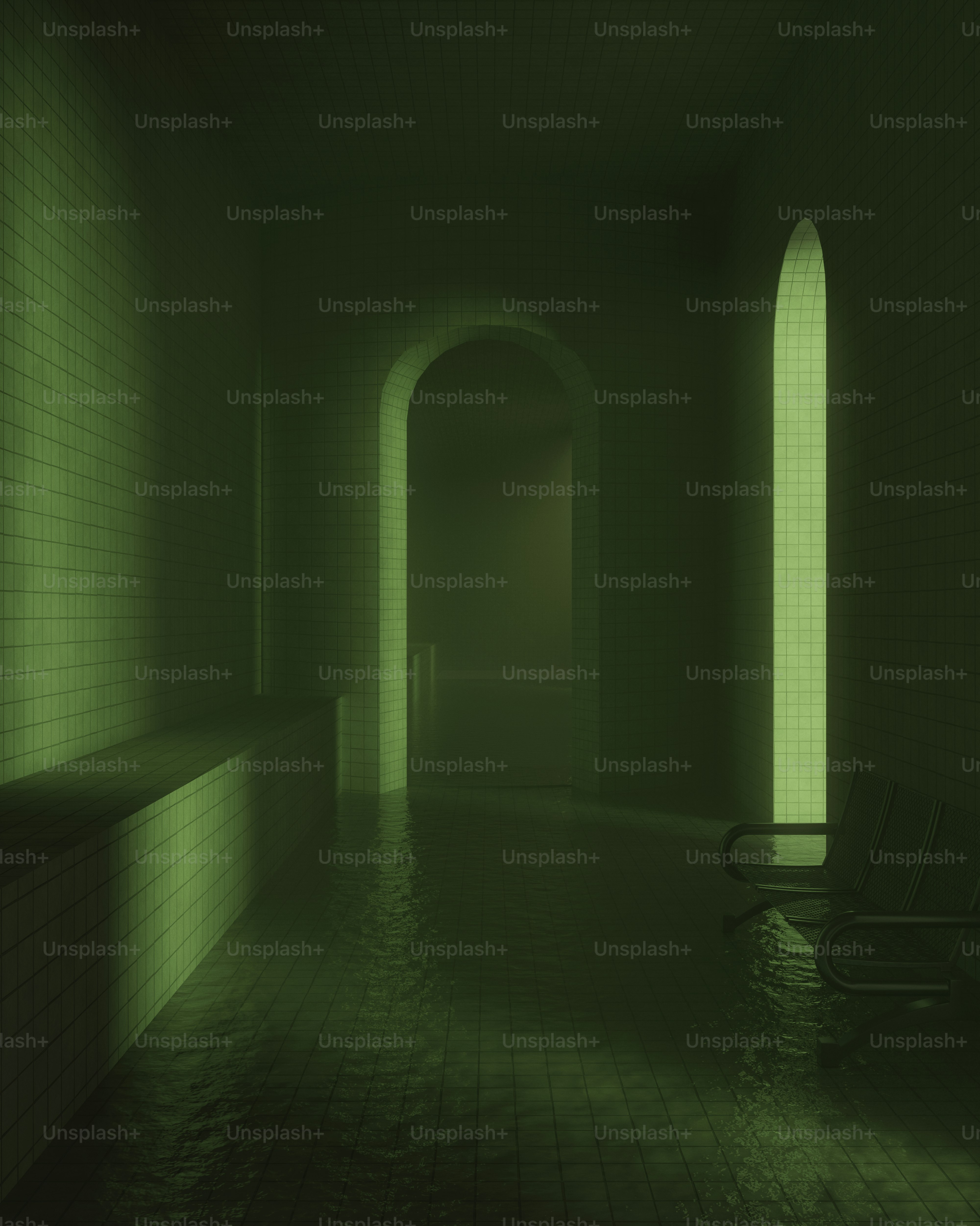 Eerie green flooded hallway with arched doorways
