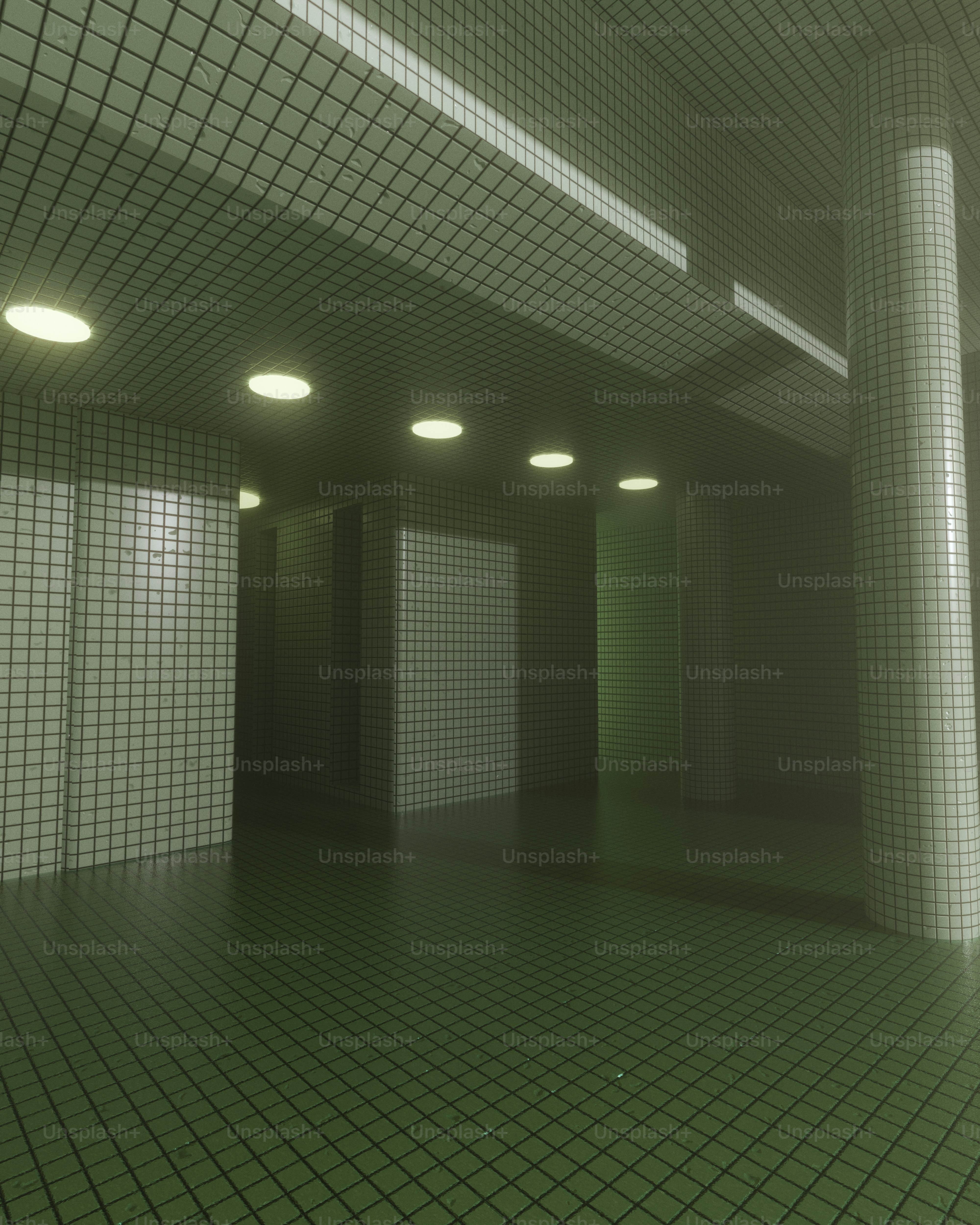 Empty room with green-lit tiled surfaces