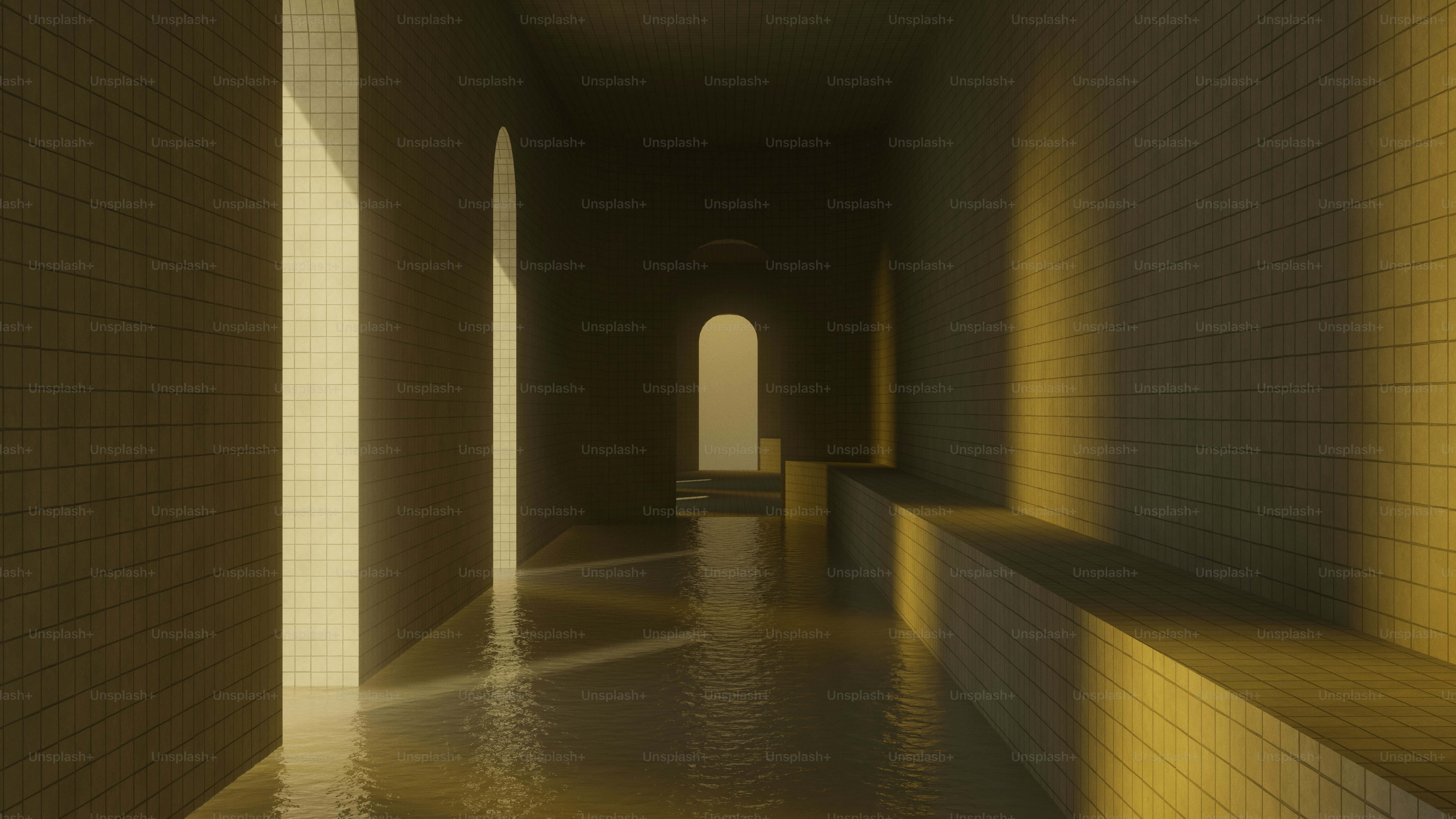 Flooded tiled corridor with arched openings and sunlight