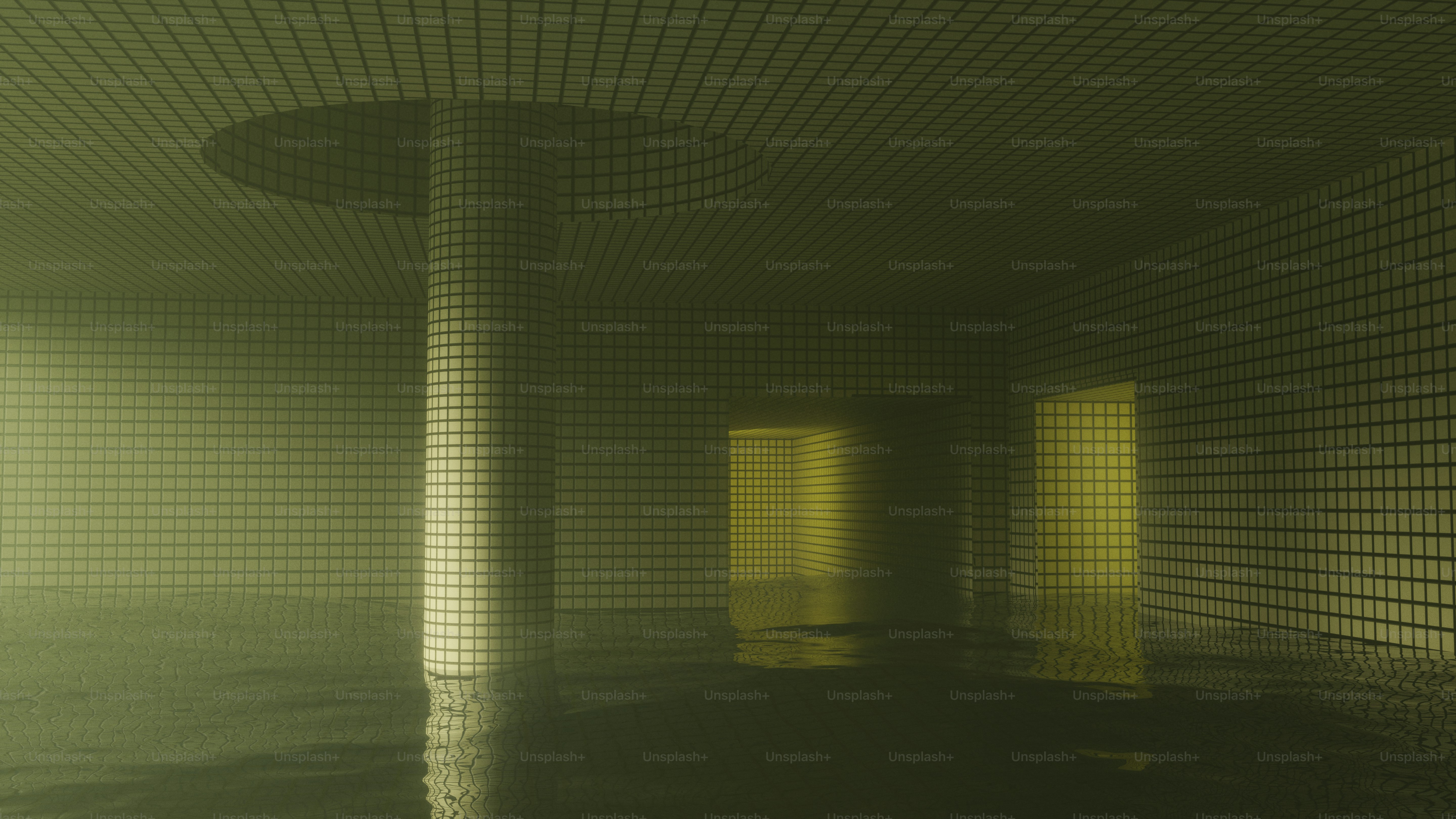 Eerie flooded room with central pillar and grid walls