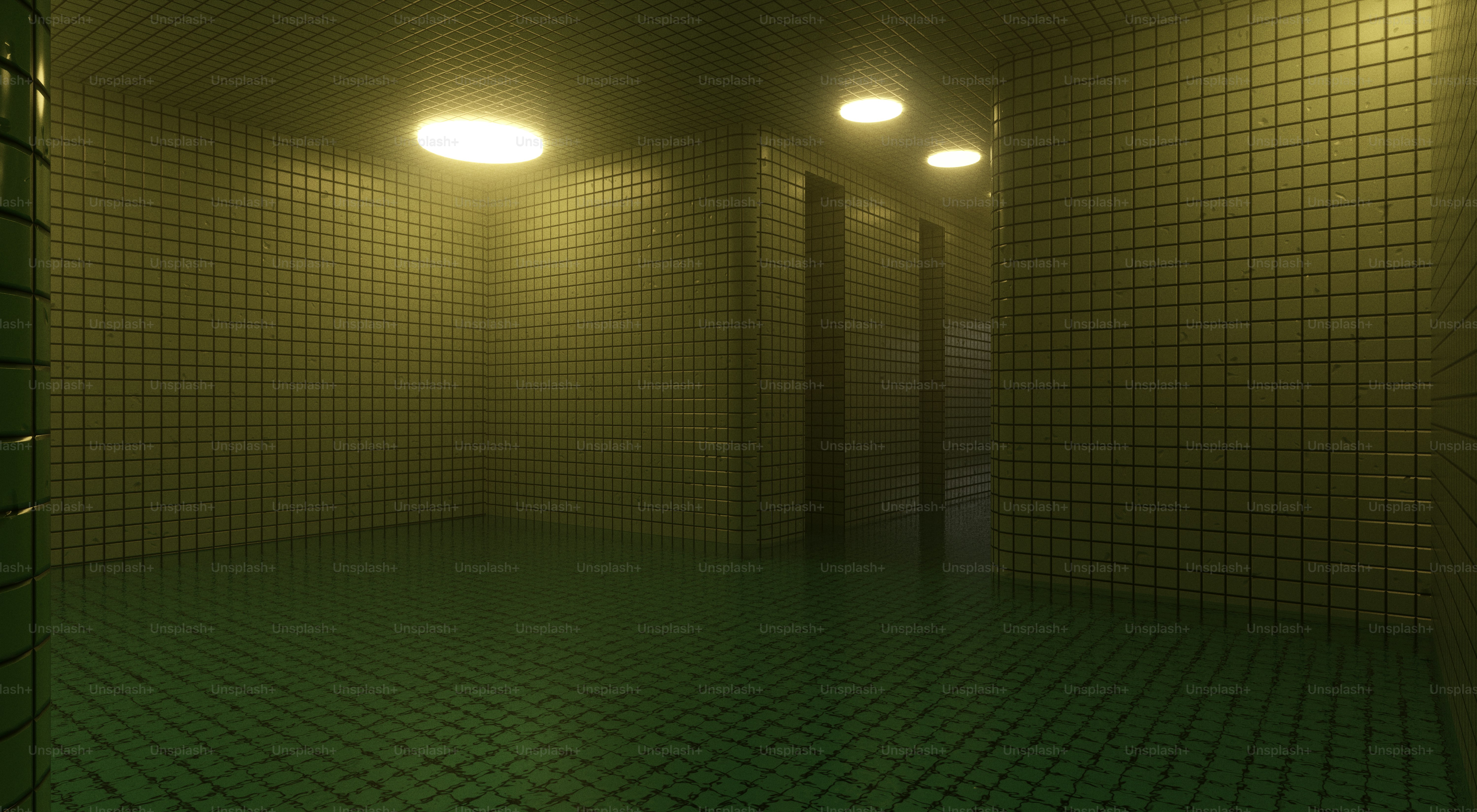 Dimly lit empty room with green tiles and elevators