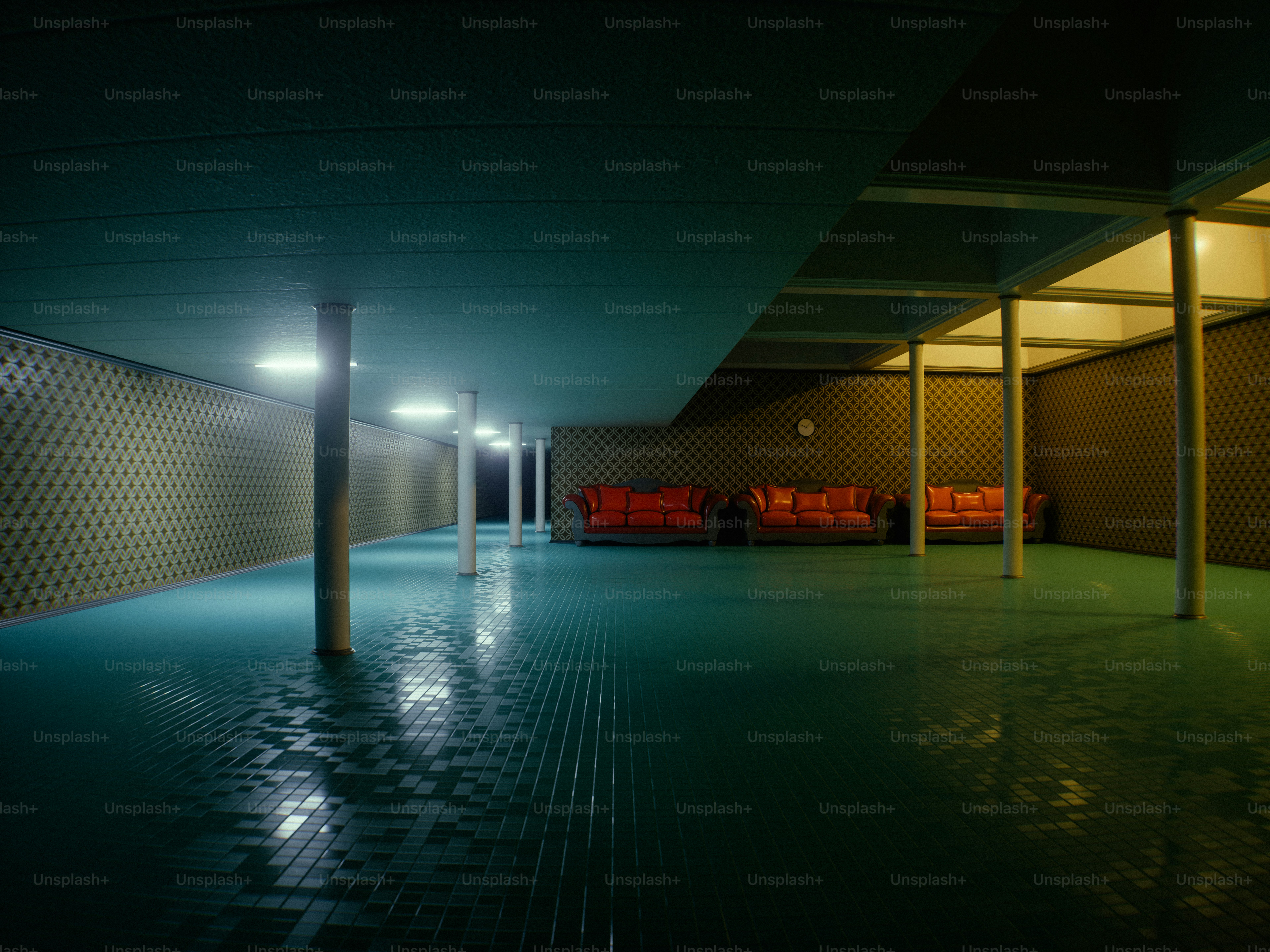 Flooded room with pillars and orange sofas