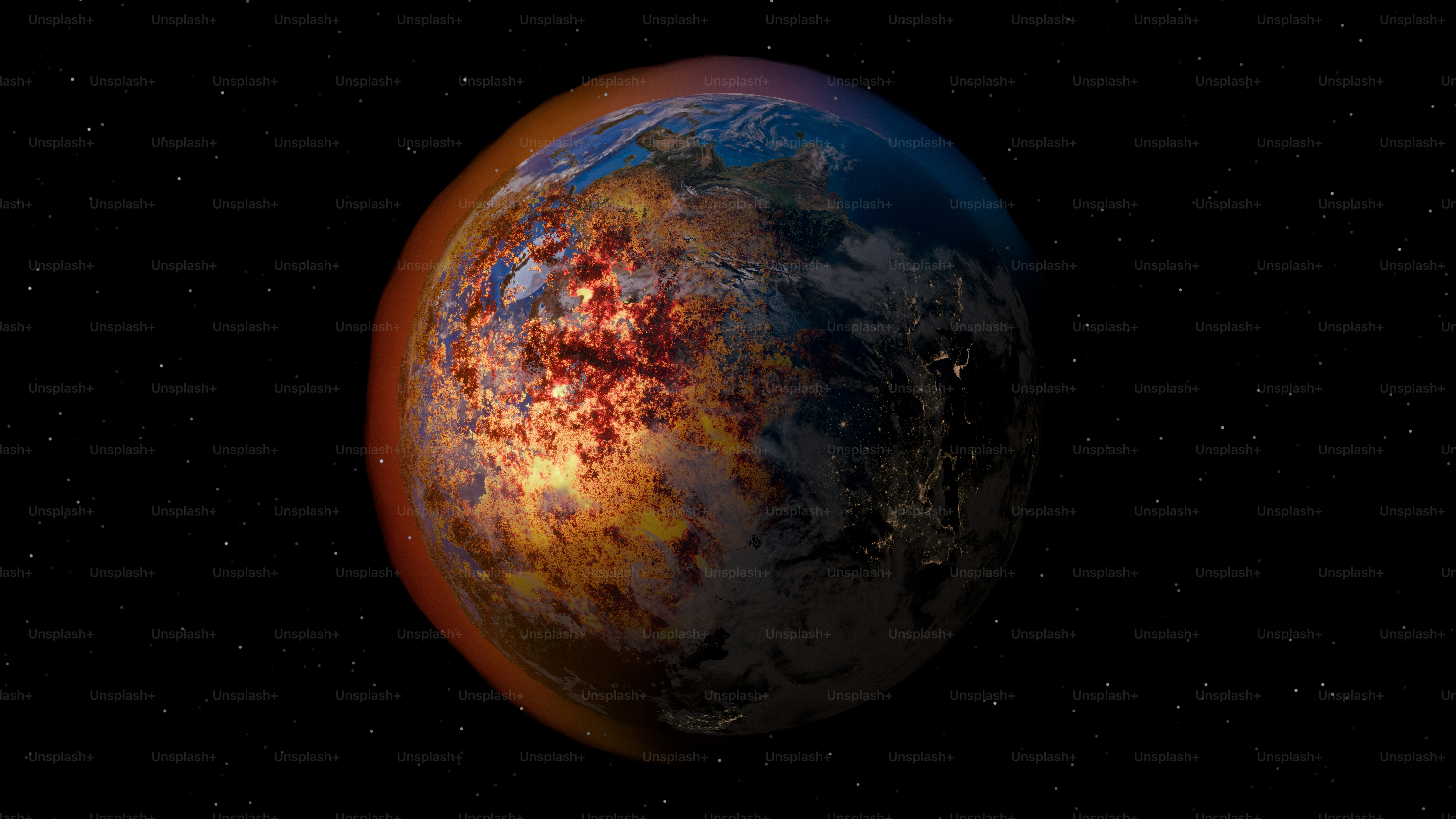 Planet in Flammen vor einem sternenbedeckten Hintergrund