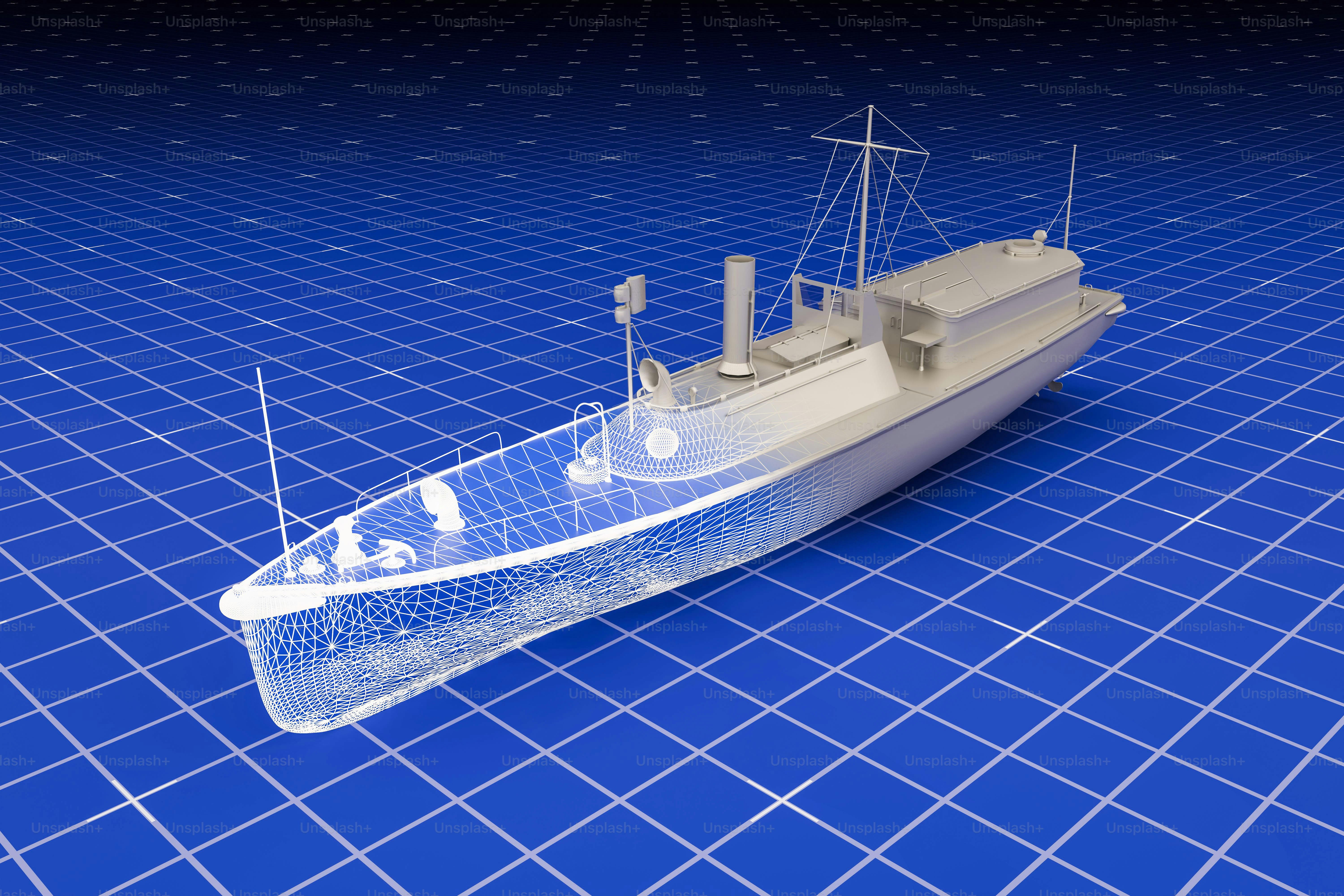 Translucent boat model on a blue grid